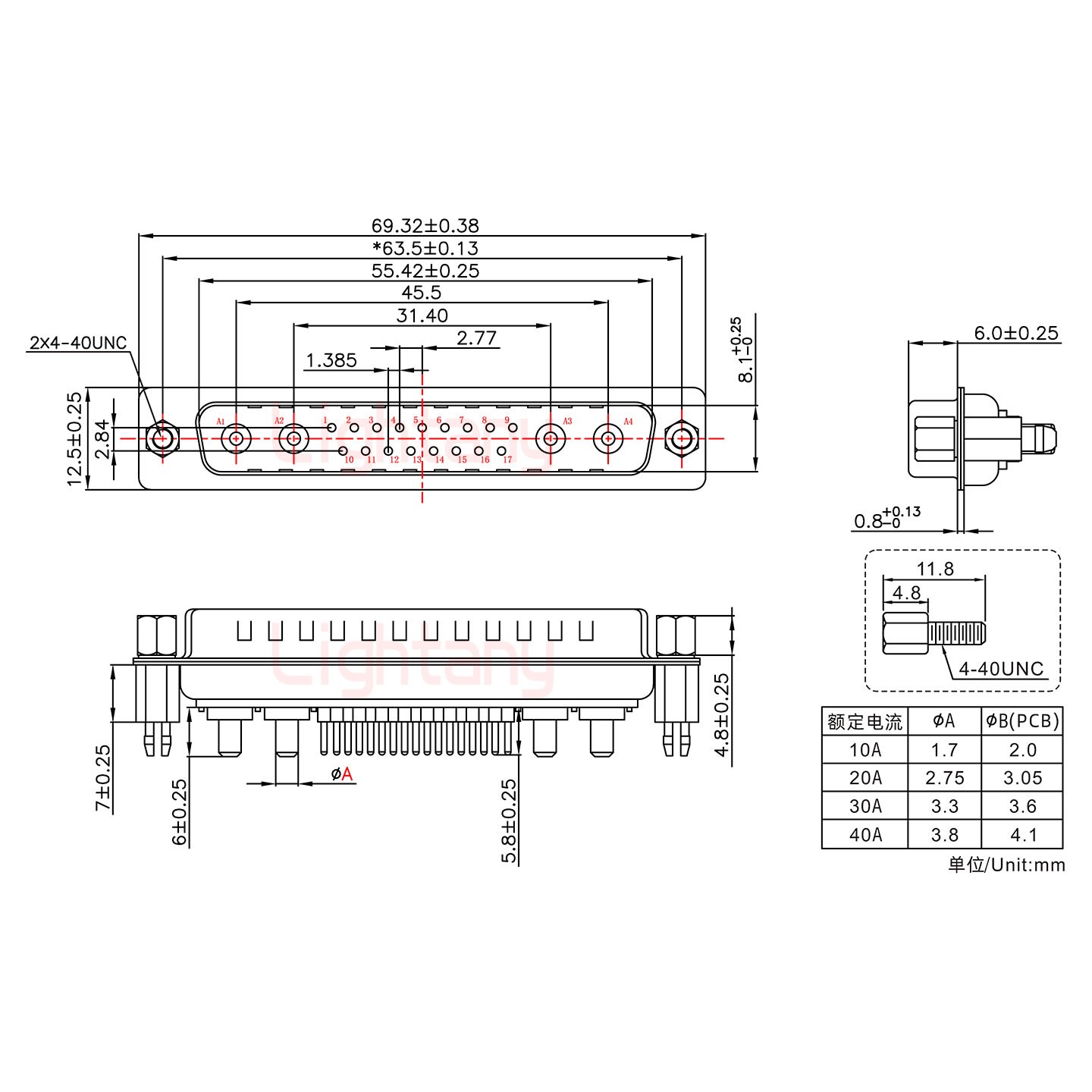 21W4公PCB直插板/铆鱼叉7.0/大电流20A