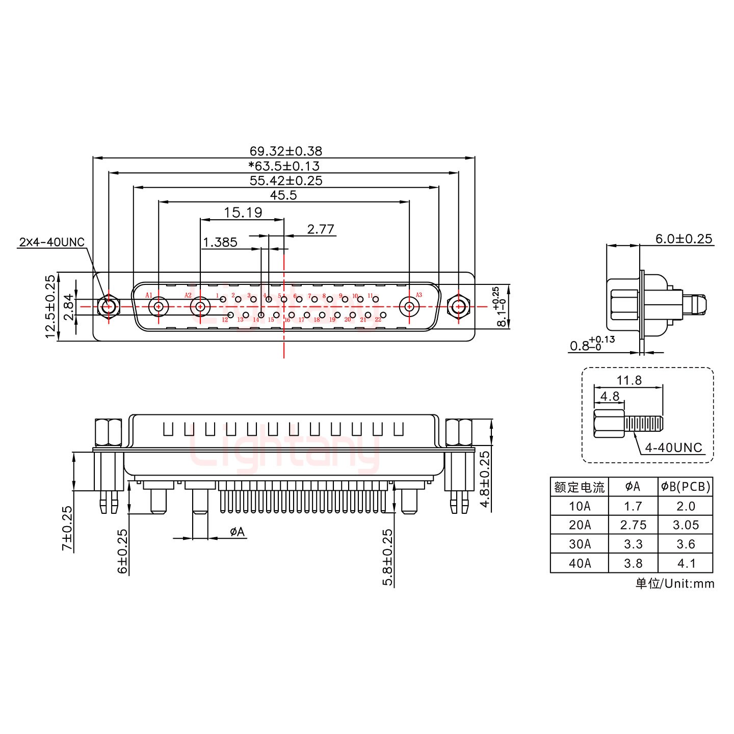 25W3公PCB直插板/铆鱼叉7.0/大电流10A