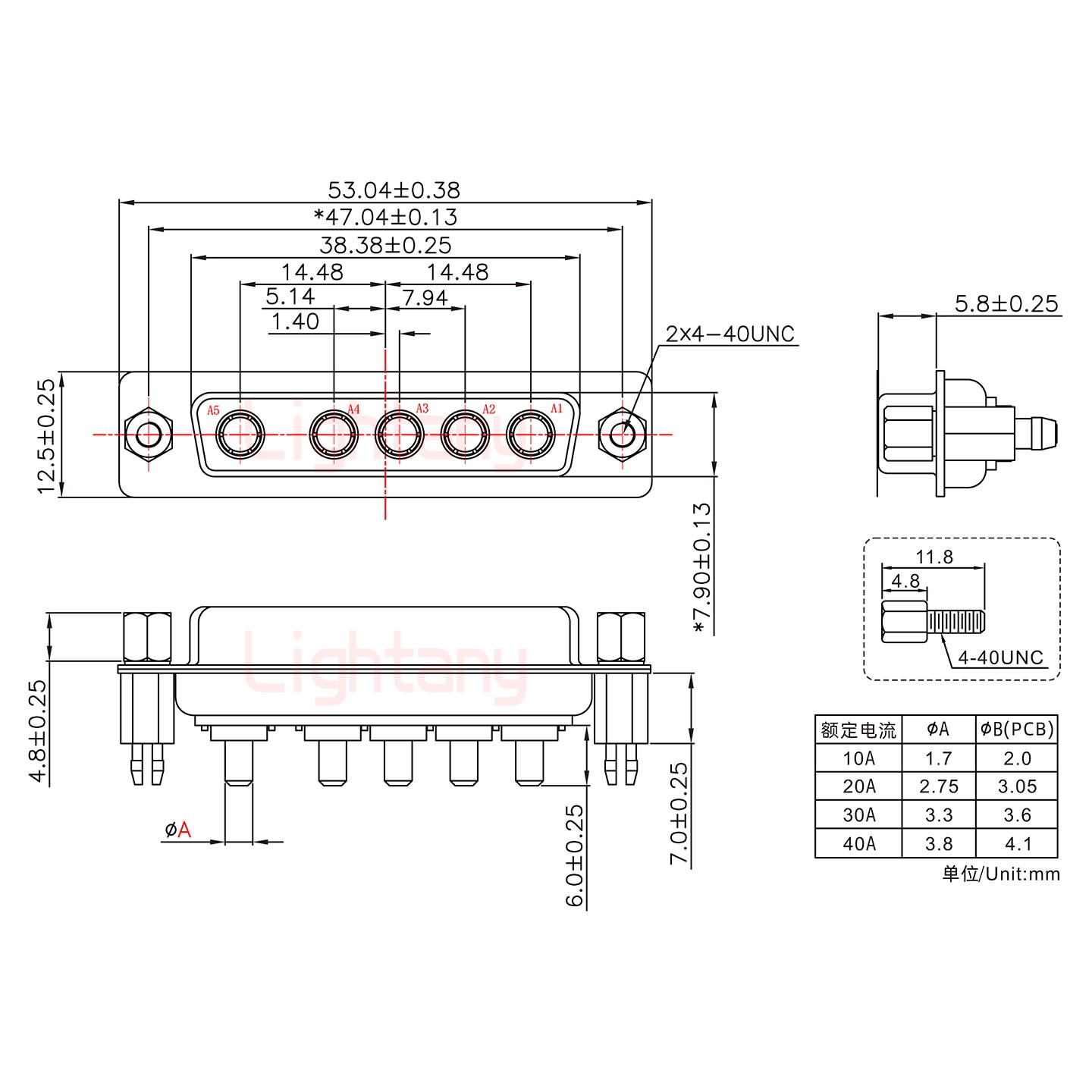 5W5母PCB直插板/铆鱼叉7.0/大电流20A