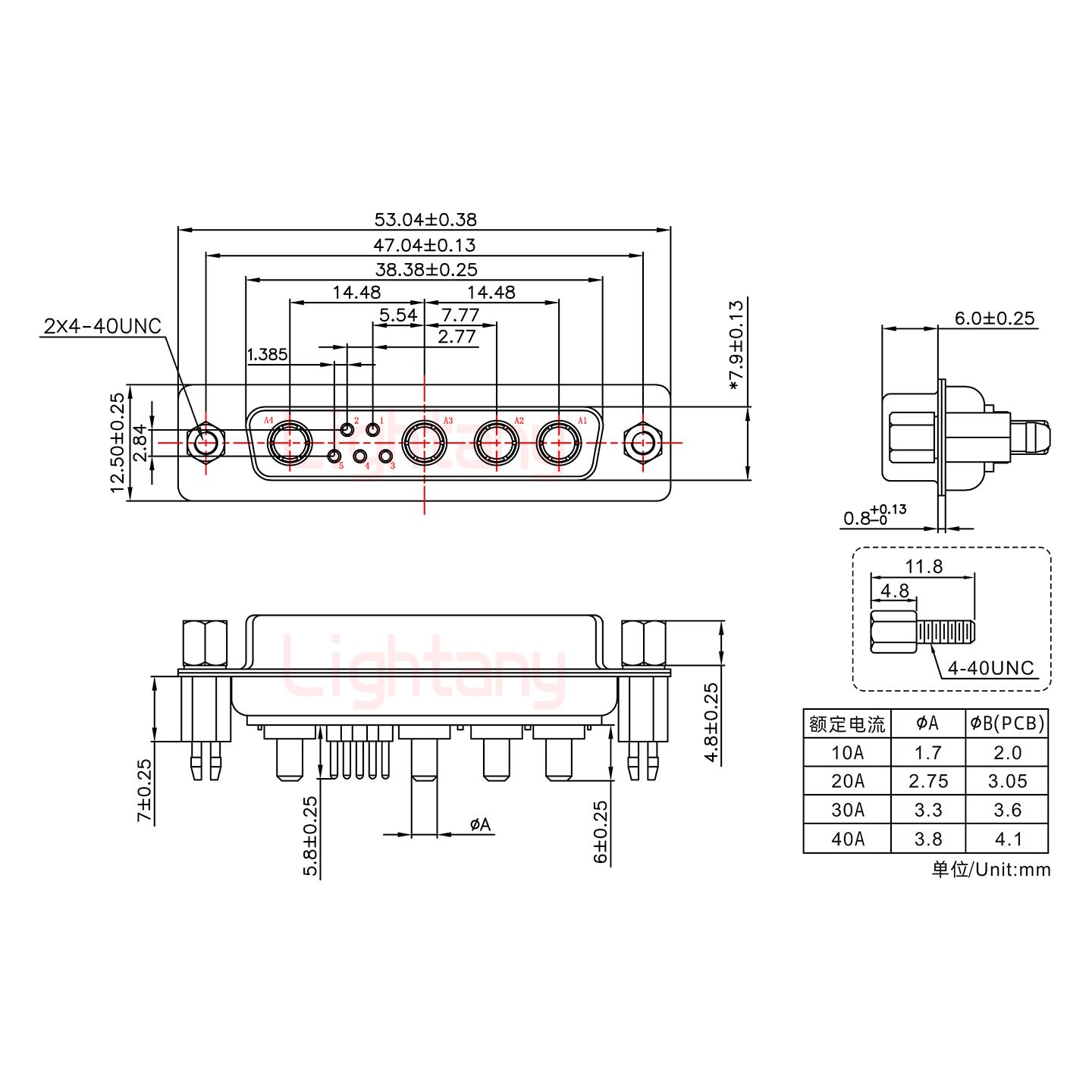 9W4母PCB直插板/铆鱼叉7.0/大电流40A