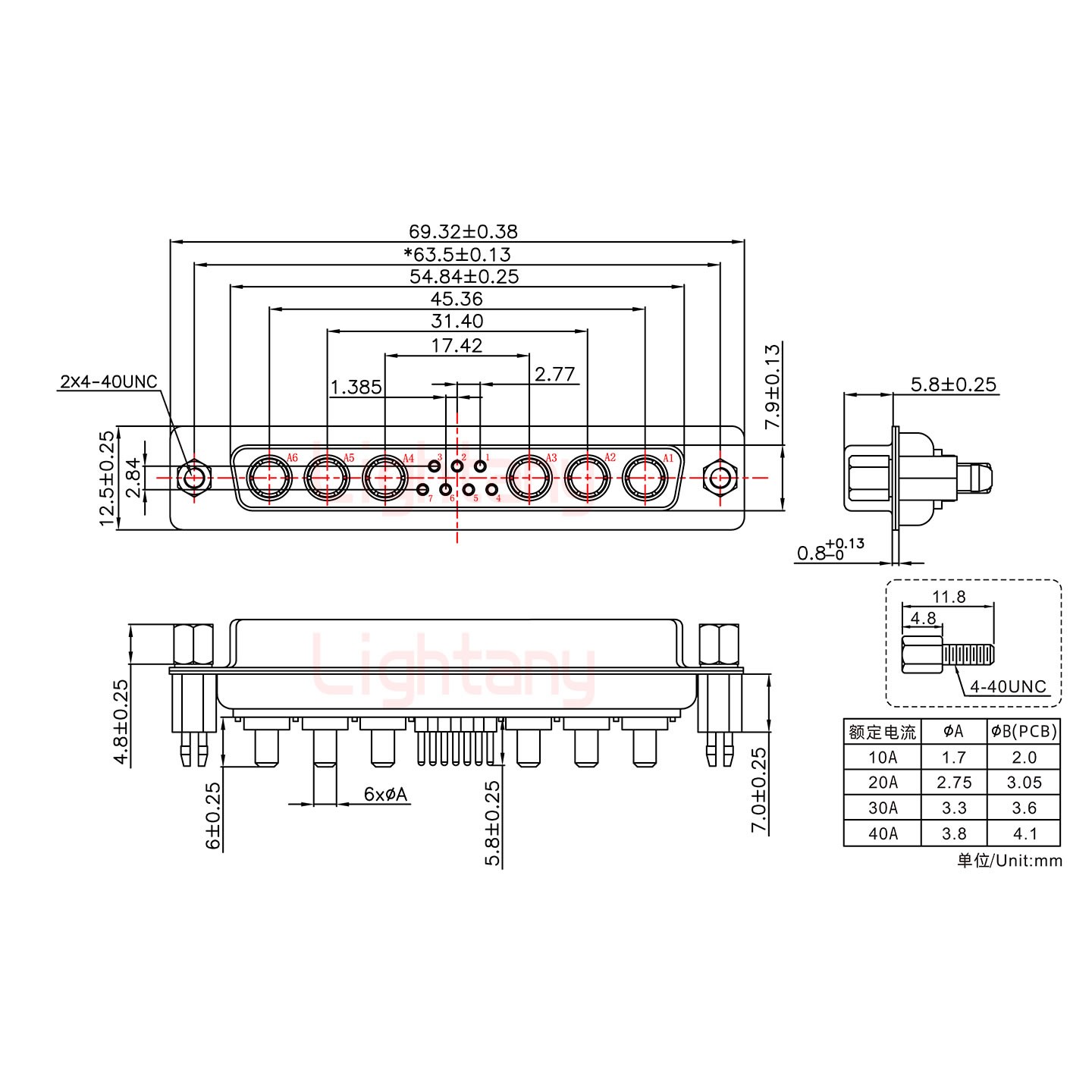 13W6A母PCB直插板/铆鱼叉7.0/大电流40A