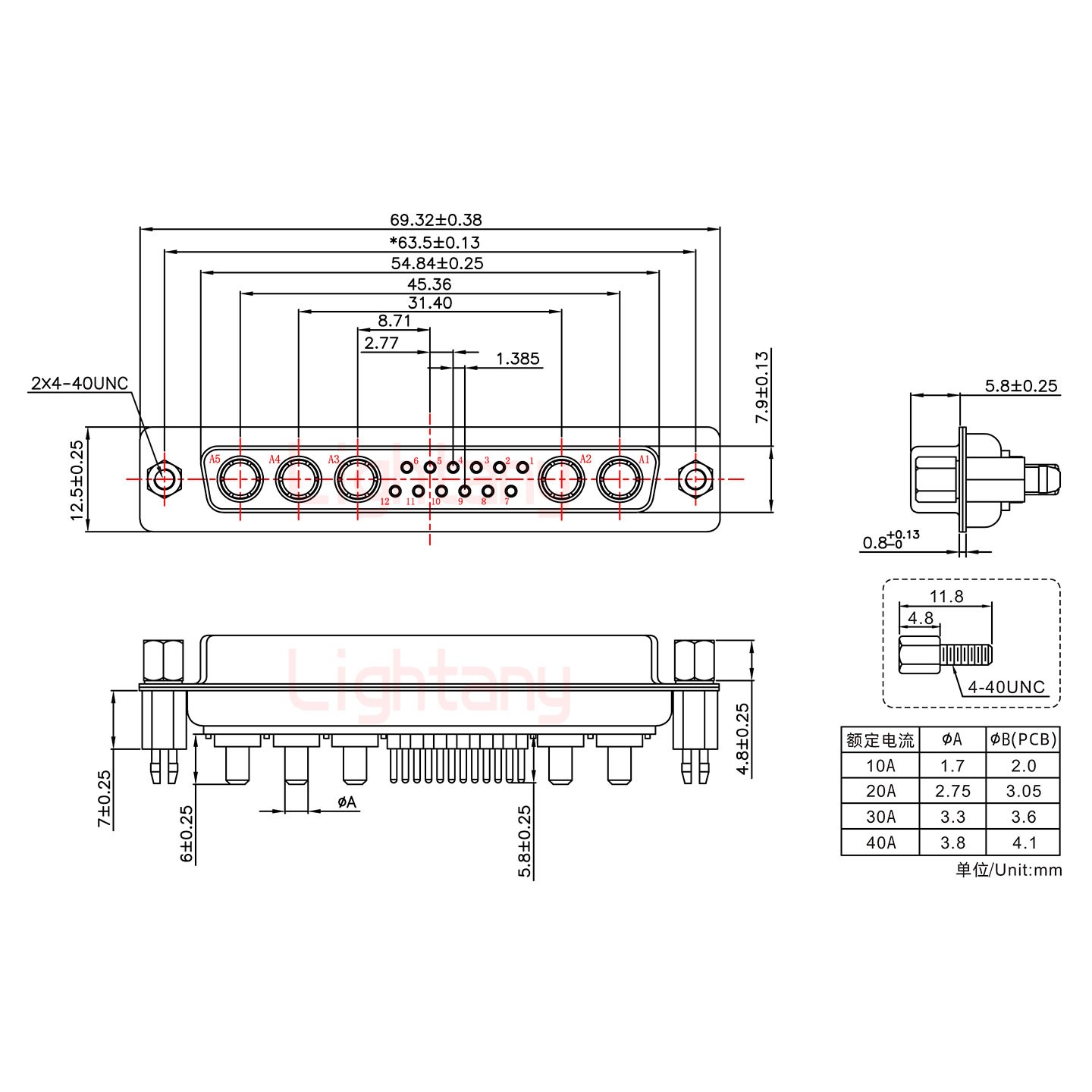 17W5母PCB直插板/铆鱼叉7.0/大电流10A