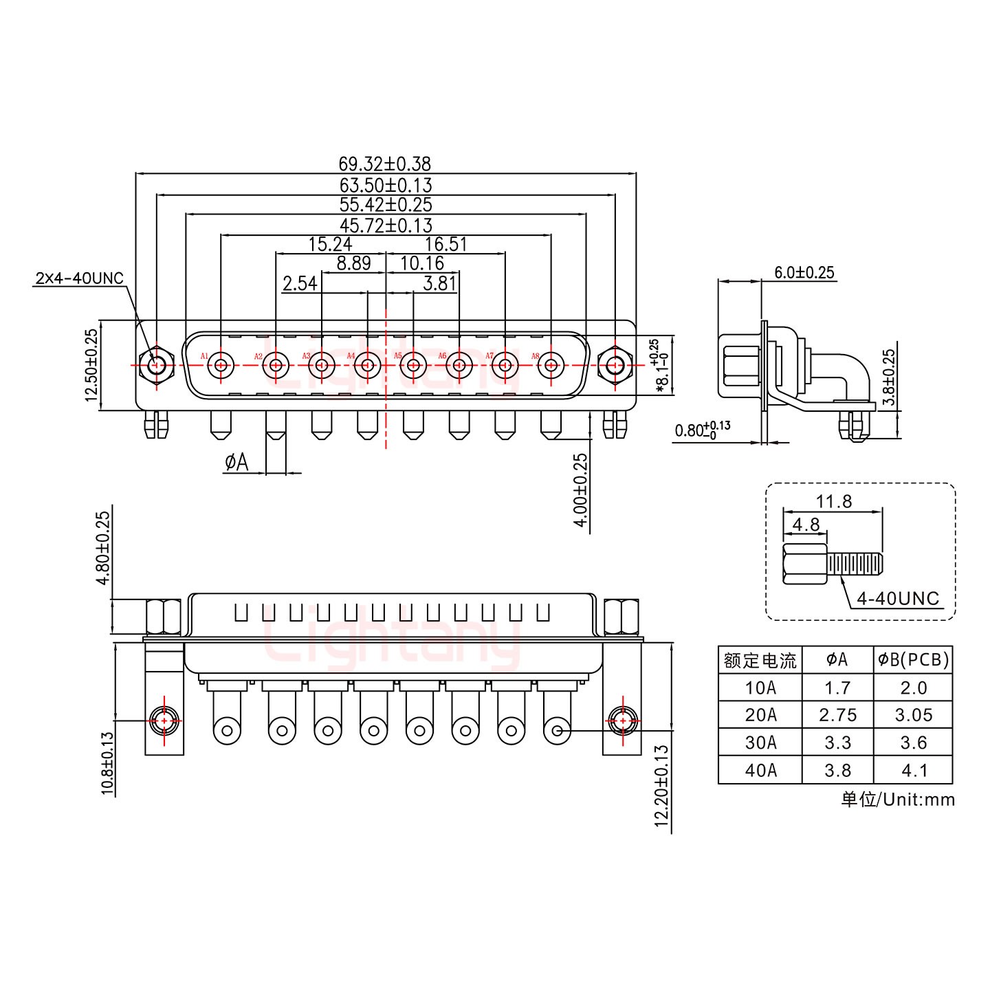 8W8公PCB弯插板/铆支架10.8/大电流40A