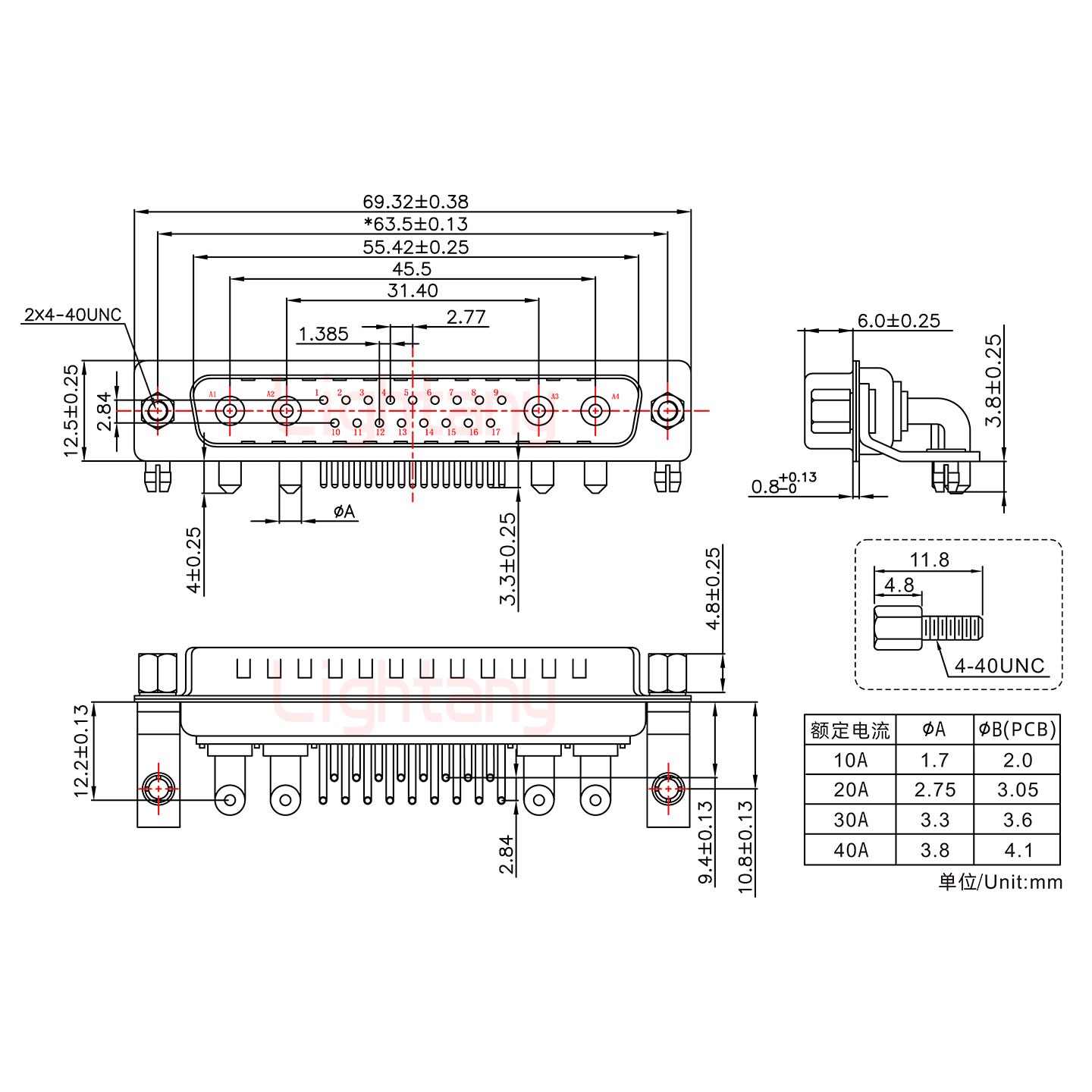 21W4公PCB弯插板/铆支架10.8/大电流20A