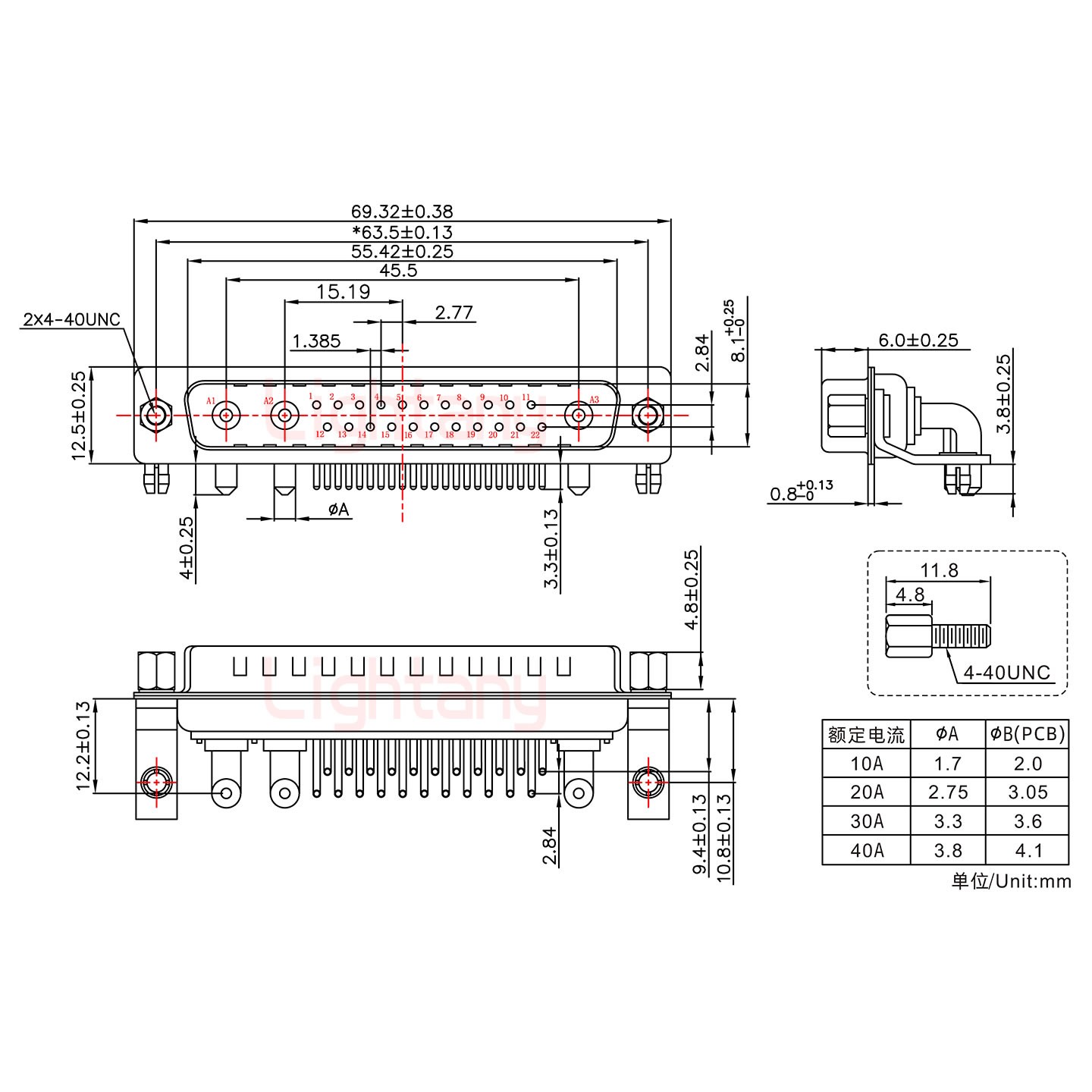 25W3公PCB弯插板/铆支架10.8/大电流20A