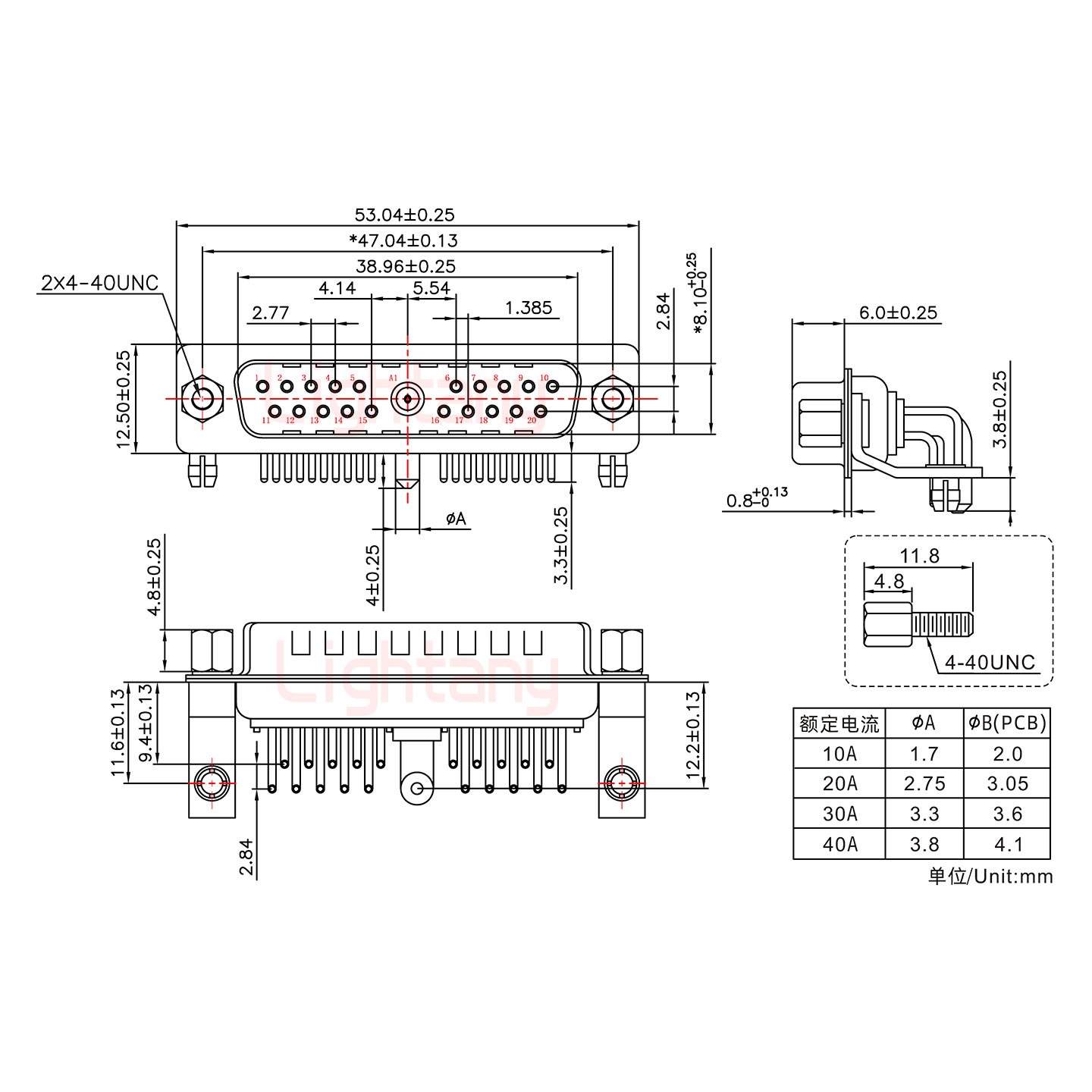 21W1公PCB弯插板/铆支架11.6/大电流40A