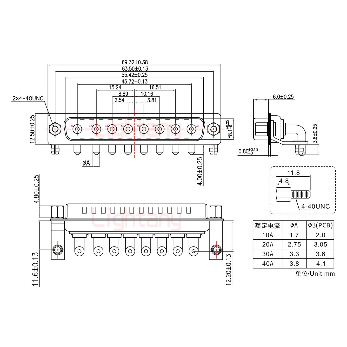 8W8公PCB弯插板/铆支架11.6/大电流20A