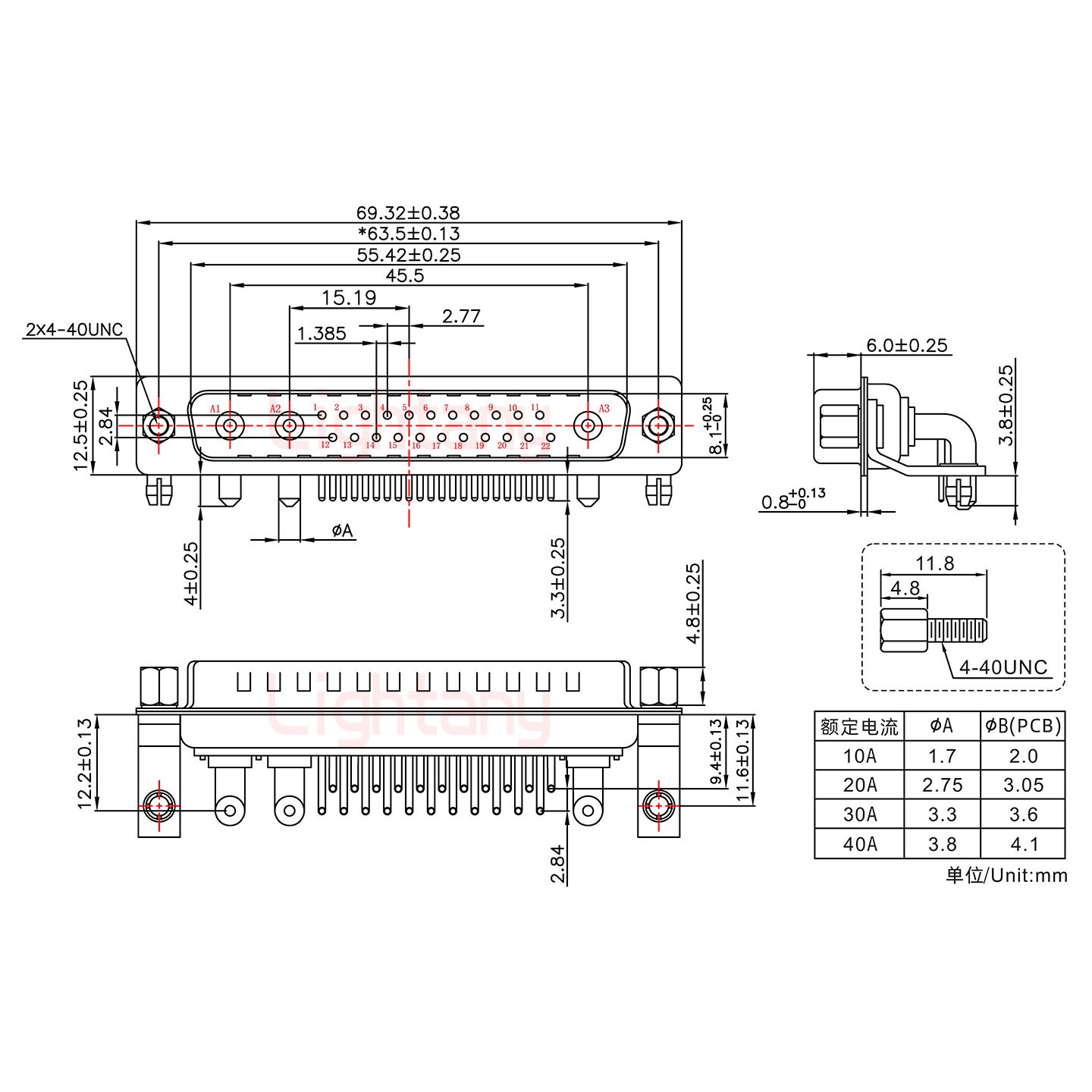 25W3公PCB弯插板/铆支架11.6/大电流30A