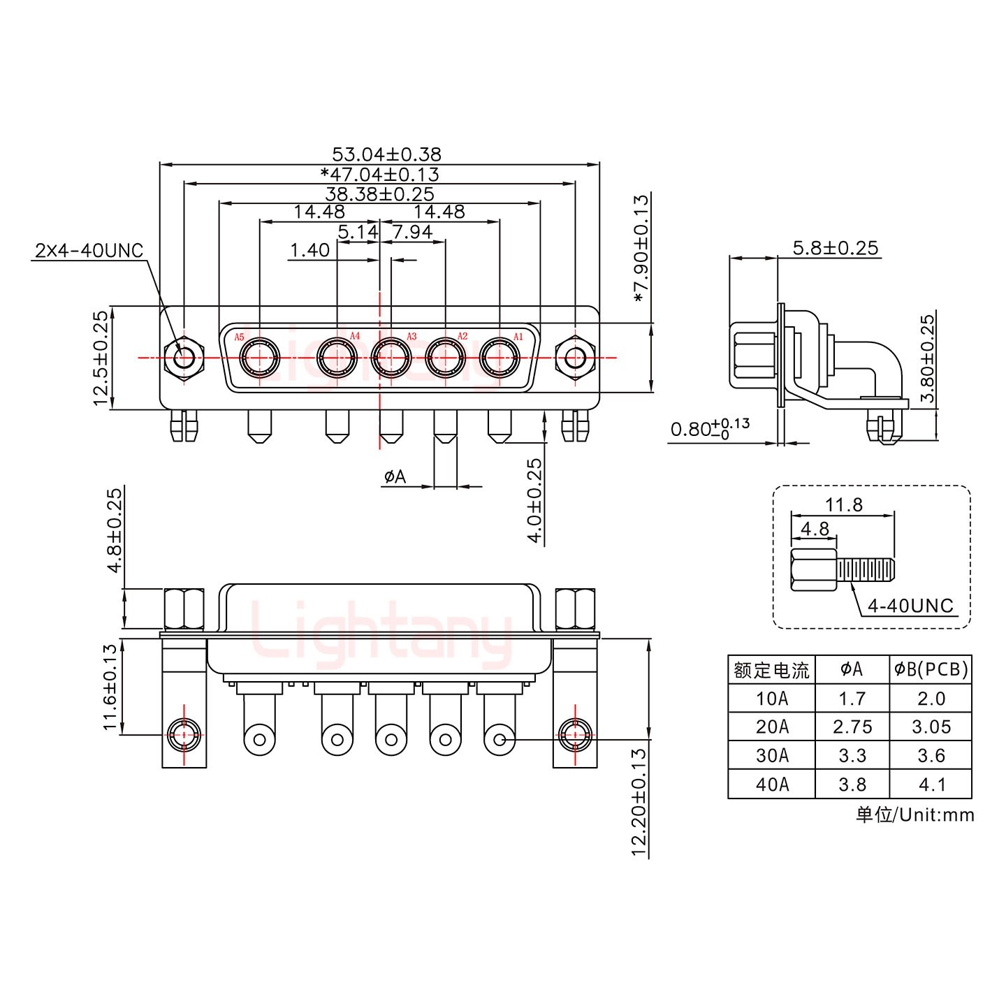 5W5母PCB弯插板/铆支架11.6/大电流40A