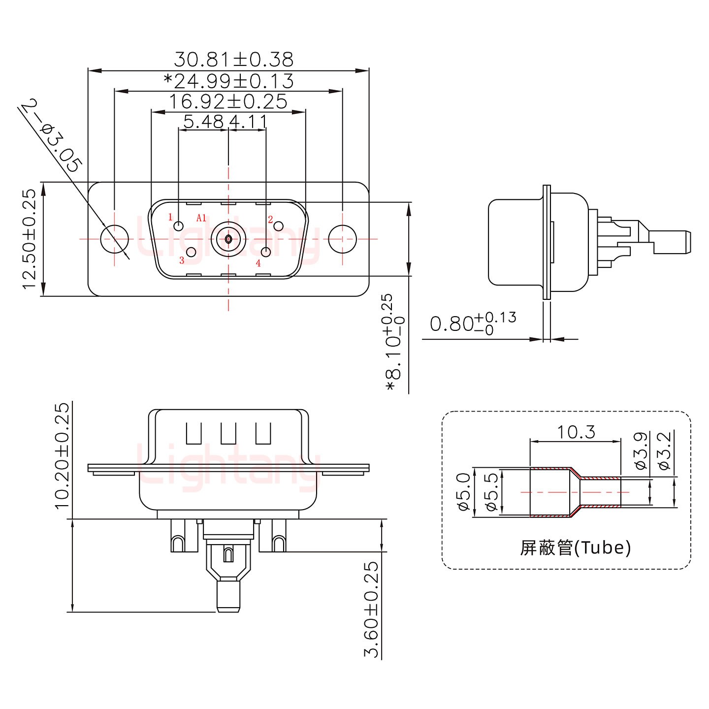 5W1公焊线式75欧姆+9P金属外壳1707直出线4~12mm