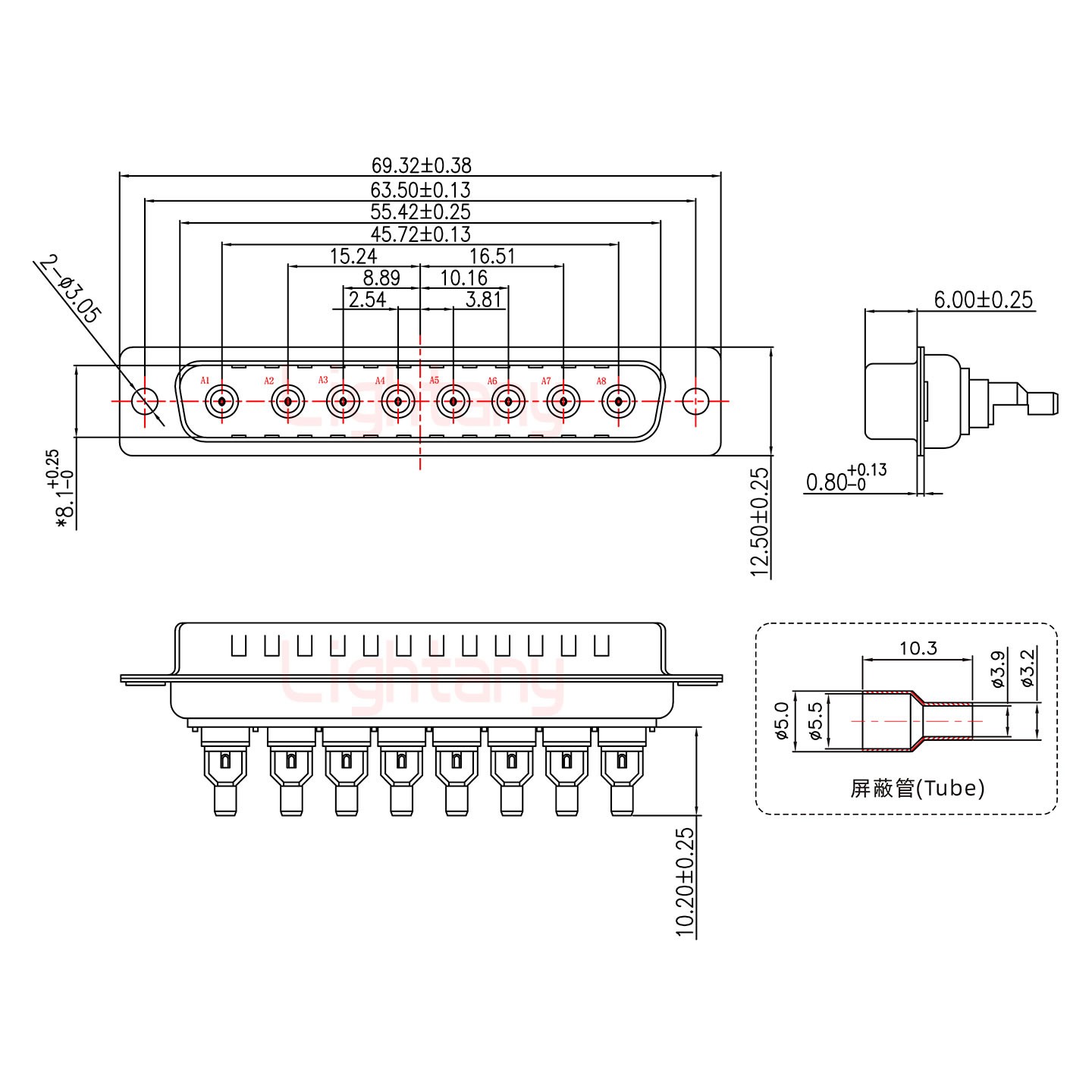 8W8公焊线式50欧姆+37P金属外壳951弯出线4~12mm