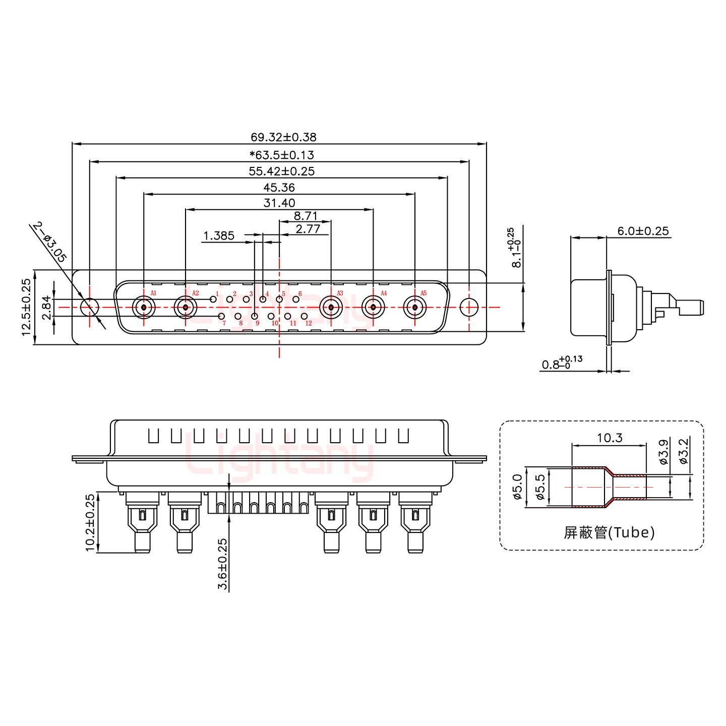 17W5公焊线式50欧姆+37P金属外壳951弯出线4~12mm