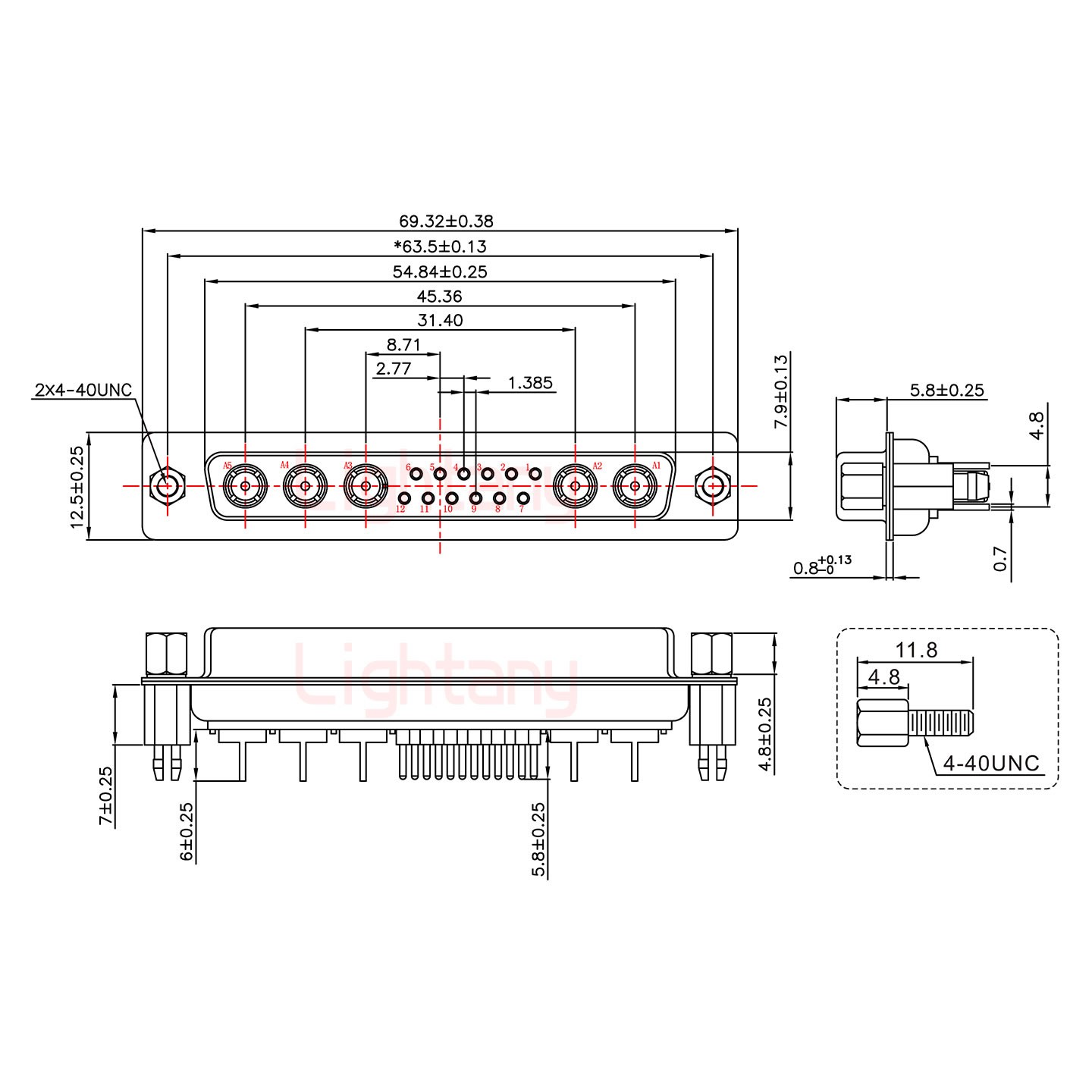 17W5母PCB直插板/铆鱼叉7.0/射频同轴50欧姆