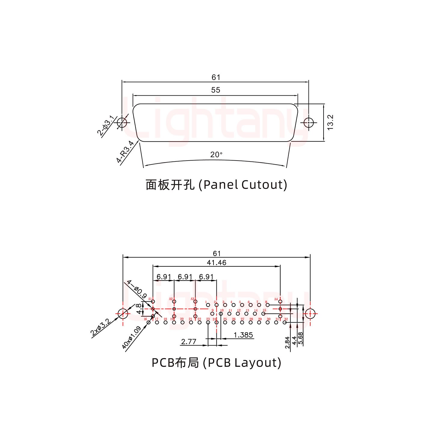 36W4母PCB直插板/铆鱼叉7.0/射频同轴50欧姆