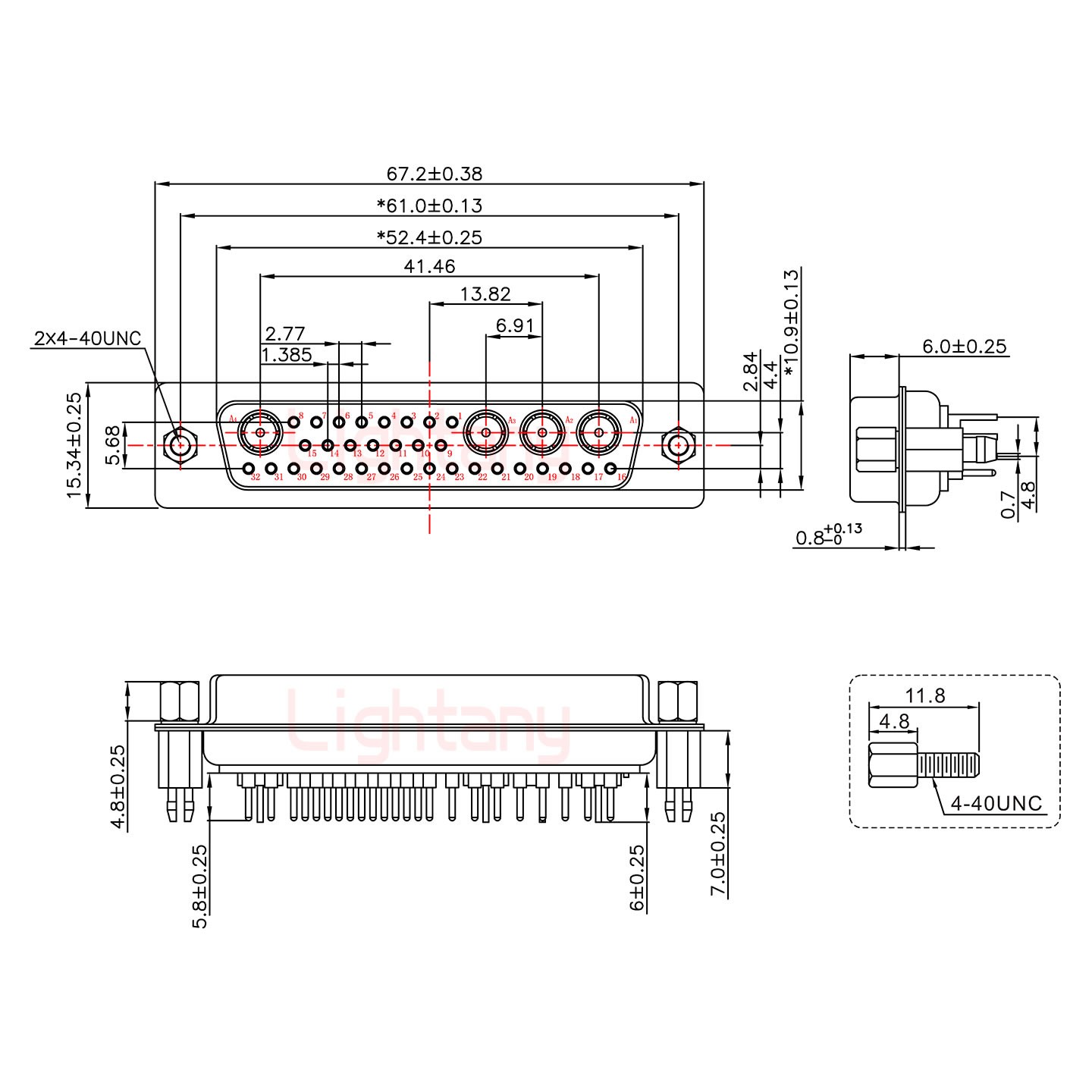 36W4母PCB直插板/铆鱼叉7.0/射频同轴50欧姆