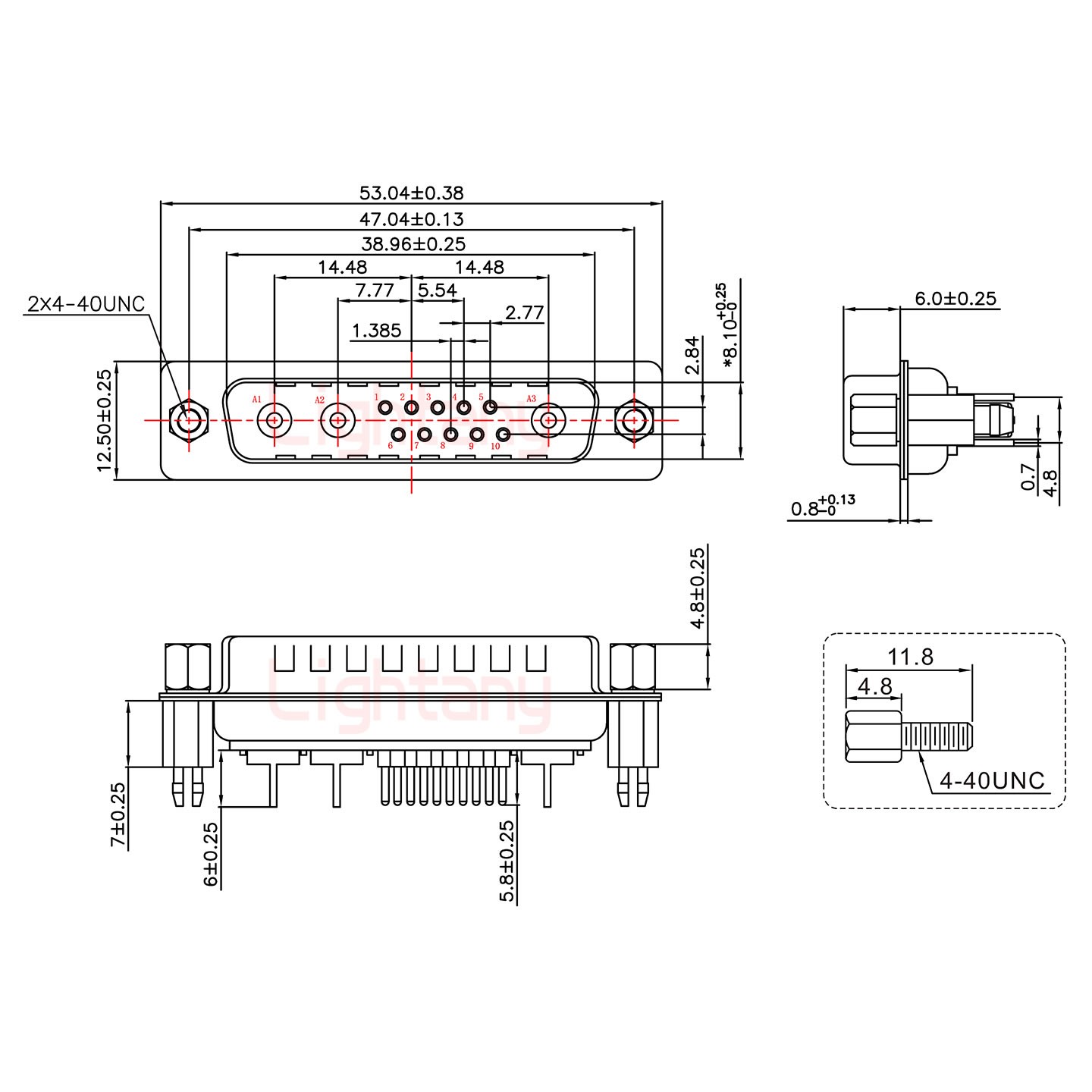 13W3公PCB直插板/铆鱼叉7.0/射频同轴75欧姆