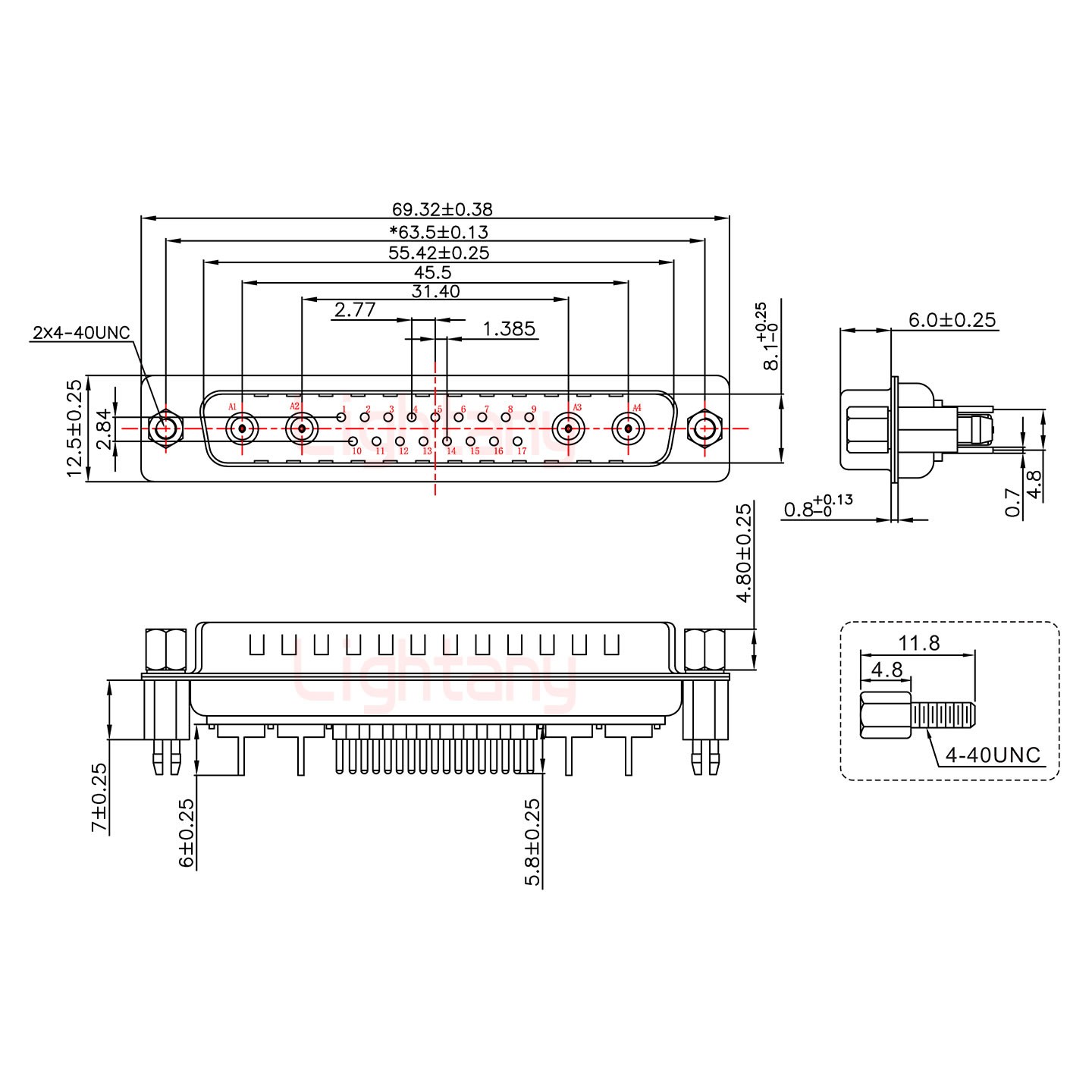 21W4公PCB直插板/铆鱼叉7.0/射频同轴50欧姆