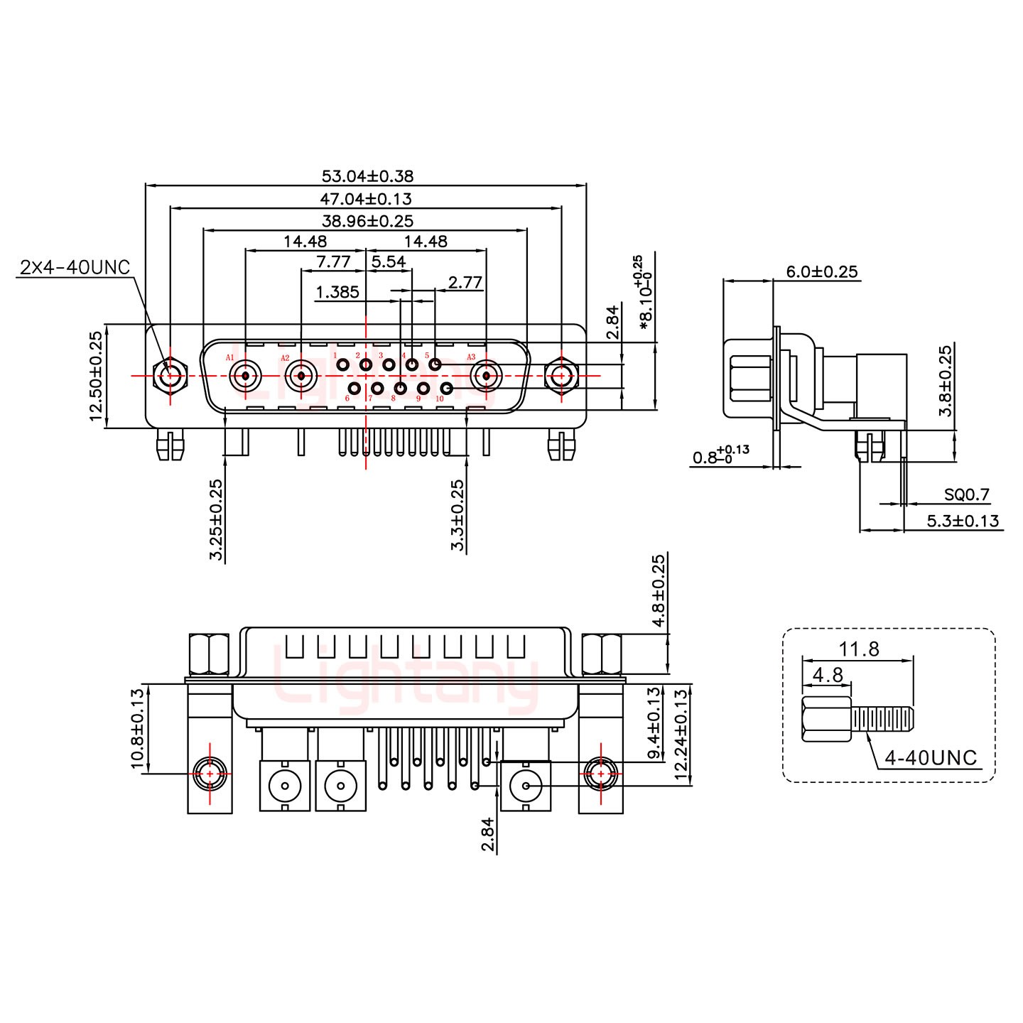 13W3公PCB弯插板/铆支架10.8/射频同轴50欧姆