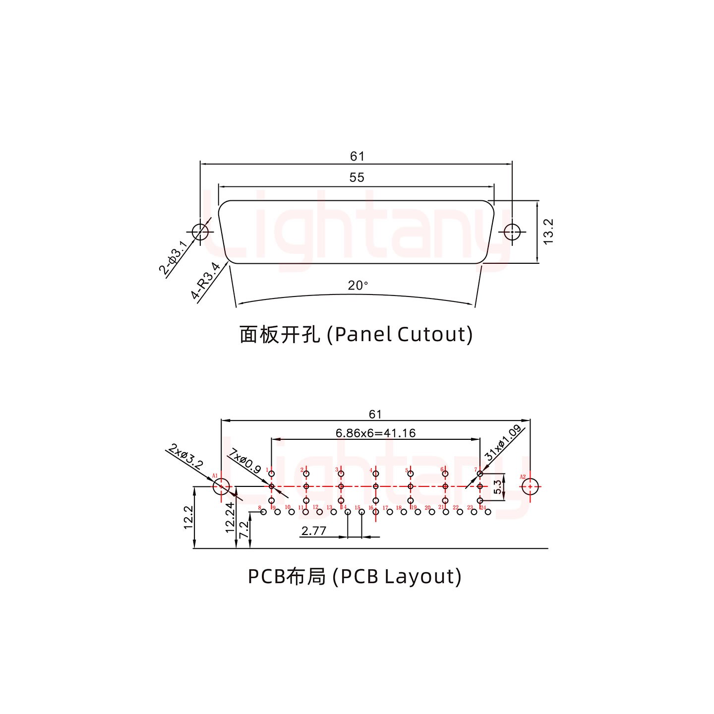 24W7公PCB弯插板/铆支架12.2/射频同轴75欧姆