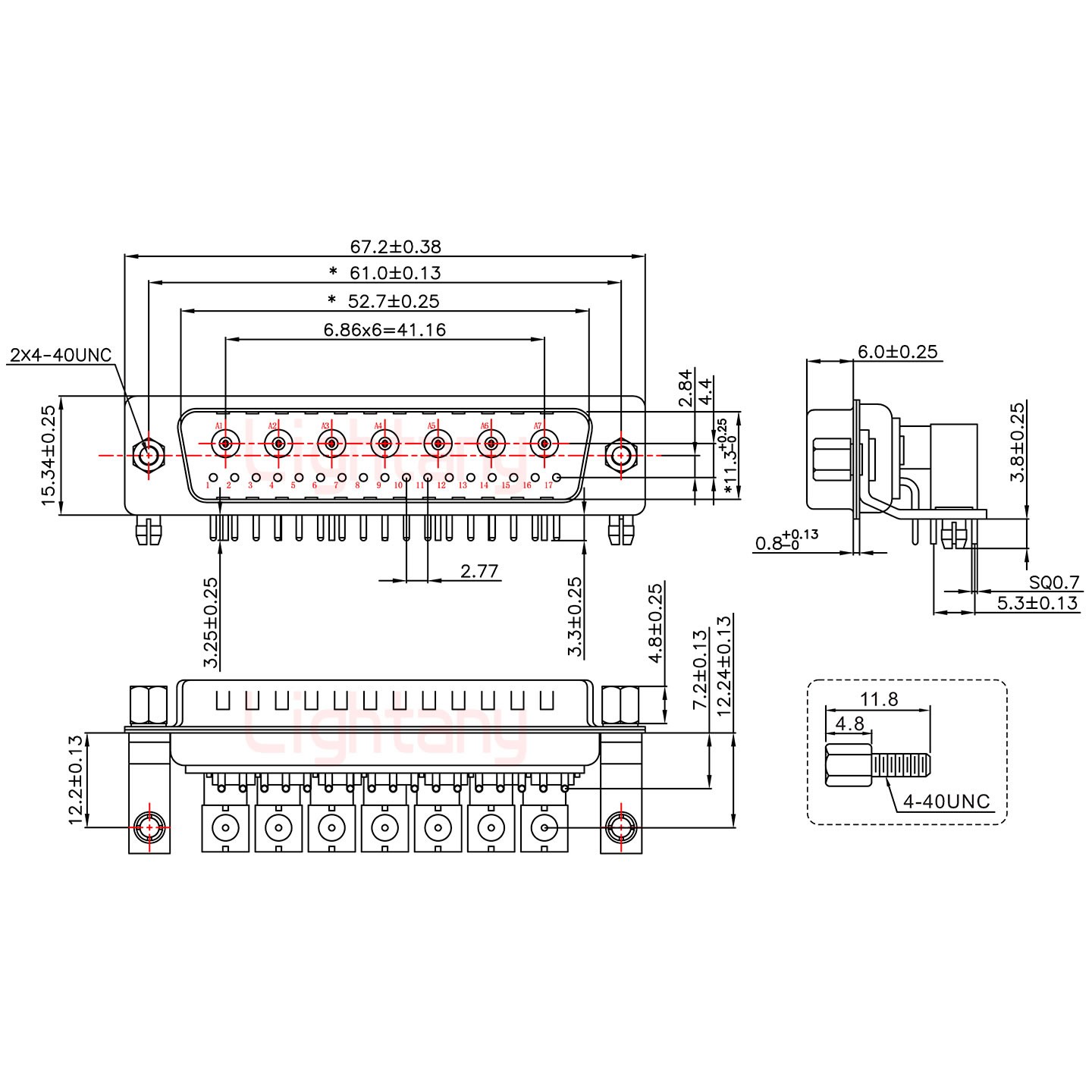 24W7公PCB弯插板/铆支架12.2/射频同轴75欧姆