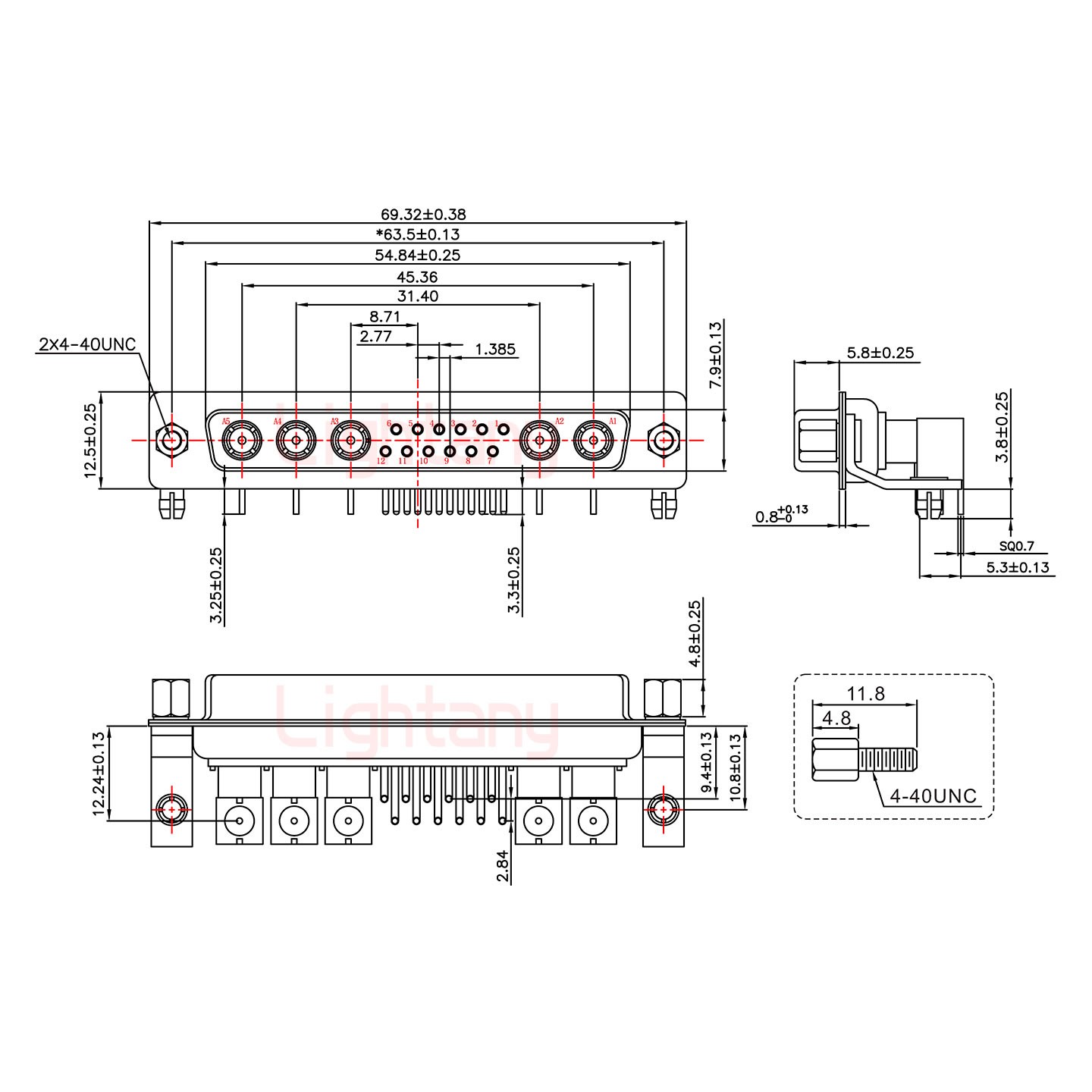 17W5母PCB弯插板/铆支架10.8/射频同轴50欧姆