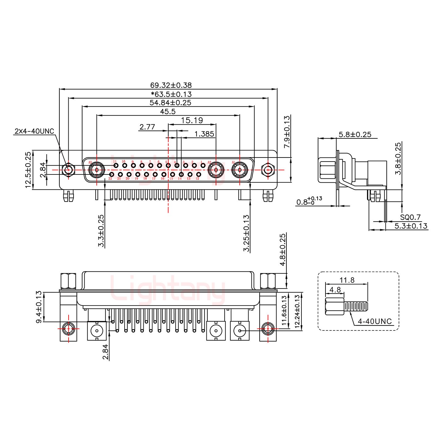 25W3母PCB弯插板/铆支架11.6/射频同轴75欧姆