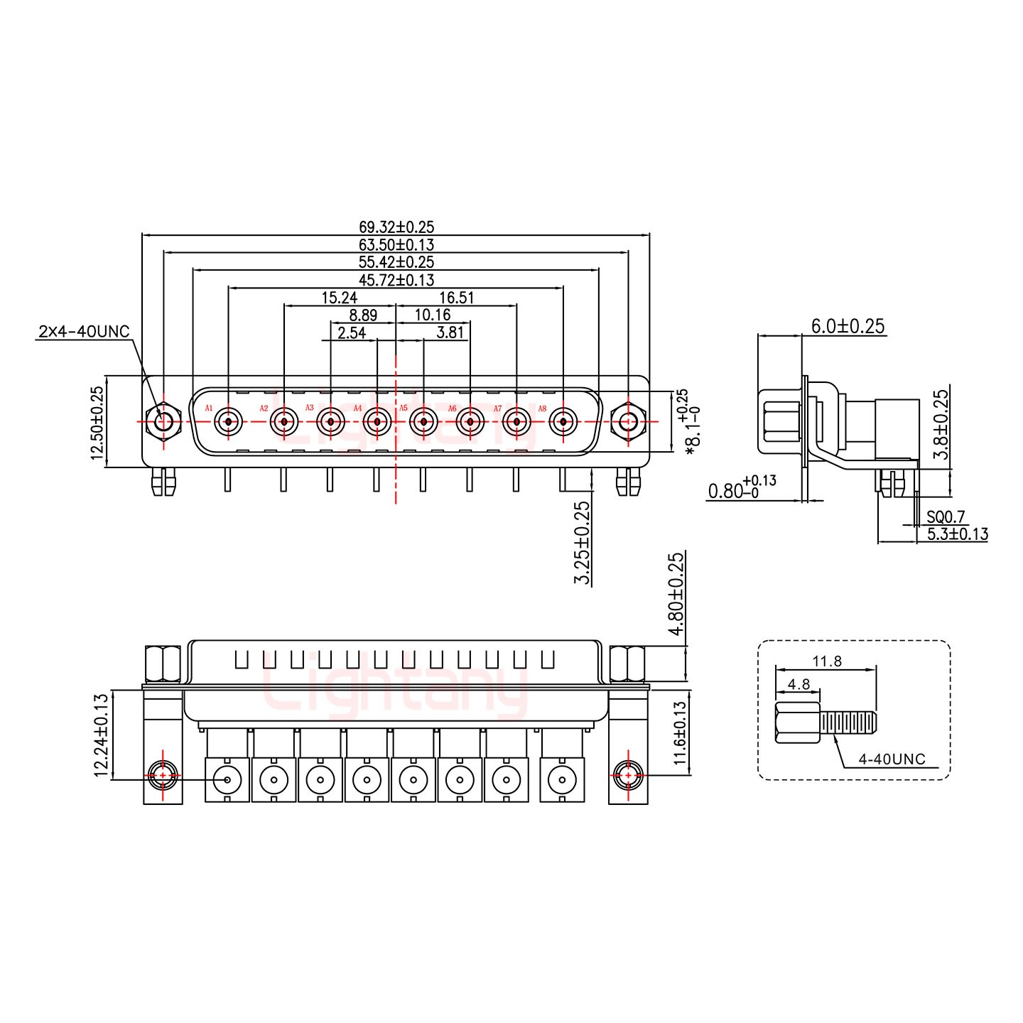 8W8公PCB弯插板/铆支架11.6/射频同轴50欧姆