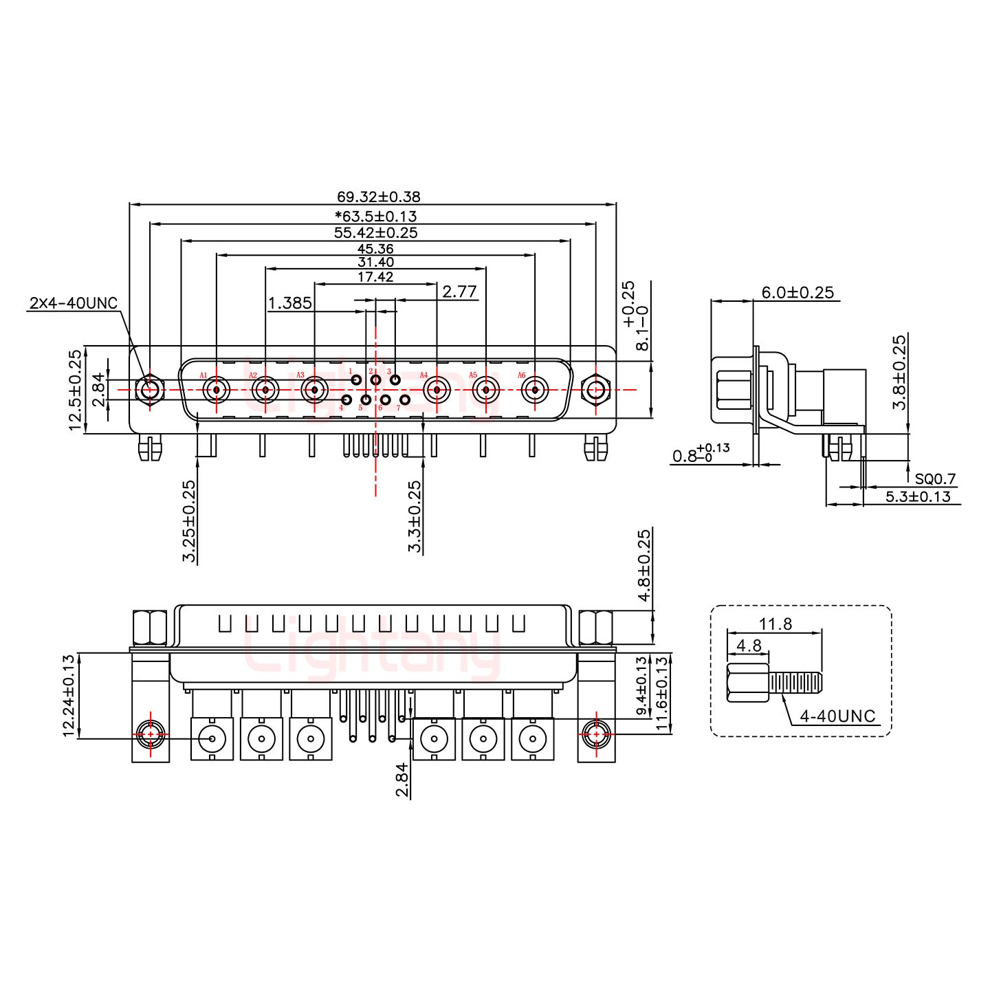 13W6A公PCB弯插板/铆支架11.6/射频同轴75欧姆