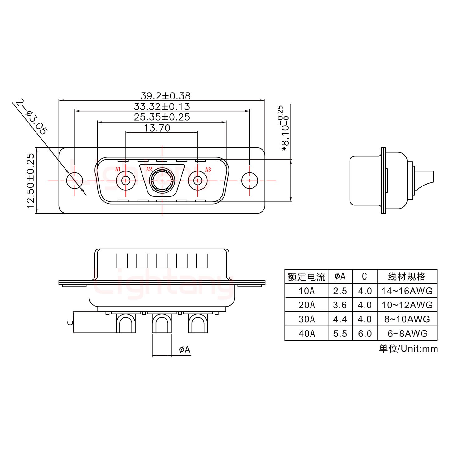 3V3公短体焊线/光孔/大电流40A