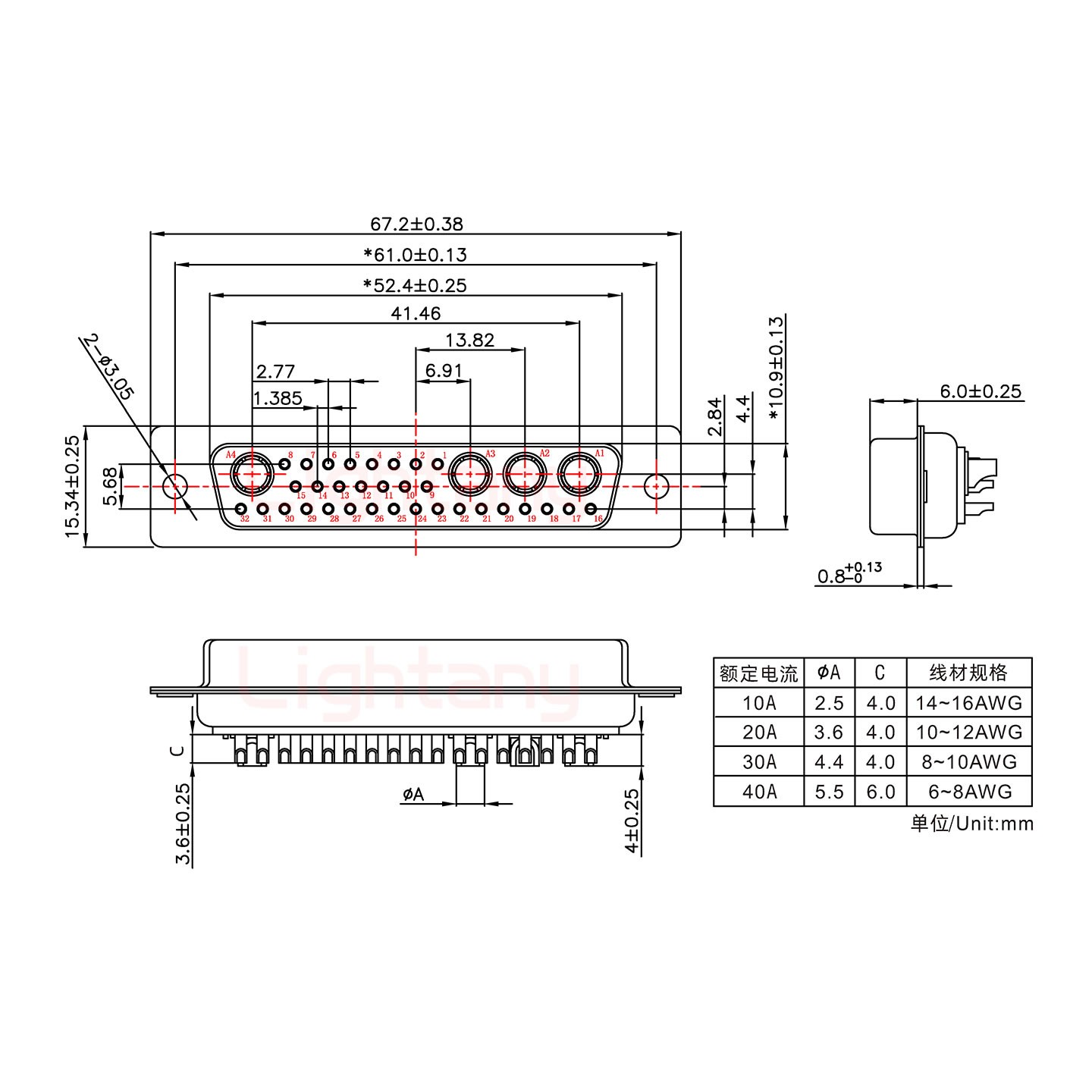 36W4母短体焊线10A+50P金属外壳1746斜出线4~12mm