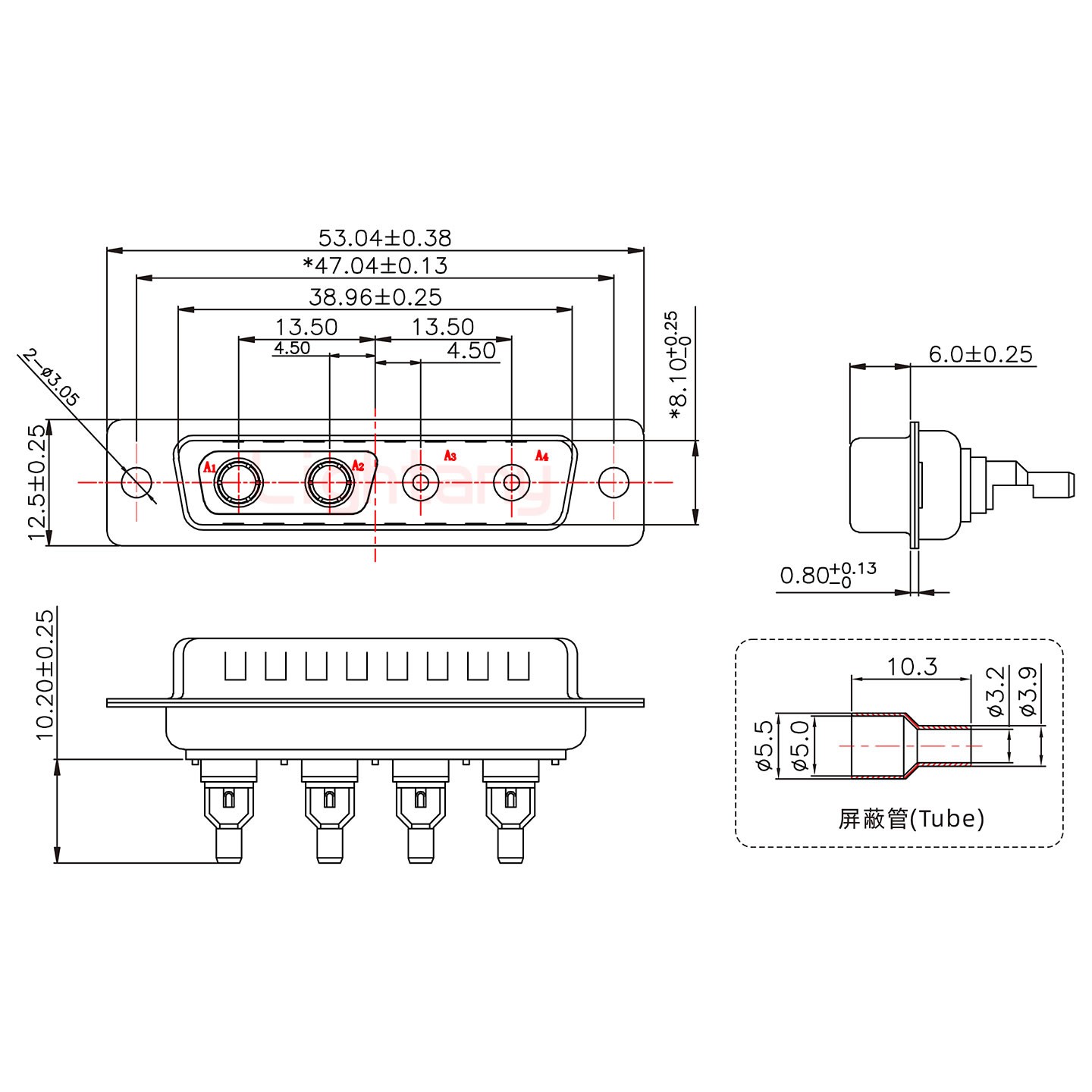 4V4公焊线式50欧姆+25P金属外壳1657直出线4~12mm