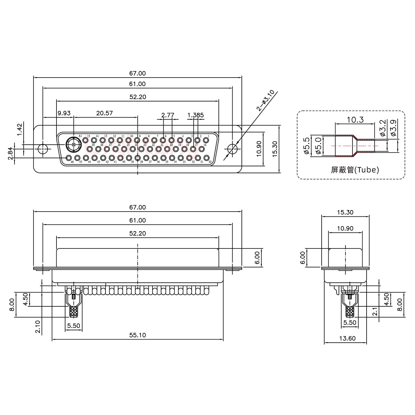 47W1母焊线式75欧姆+50P金属外壳1331直出线12.5mm