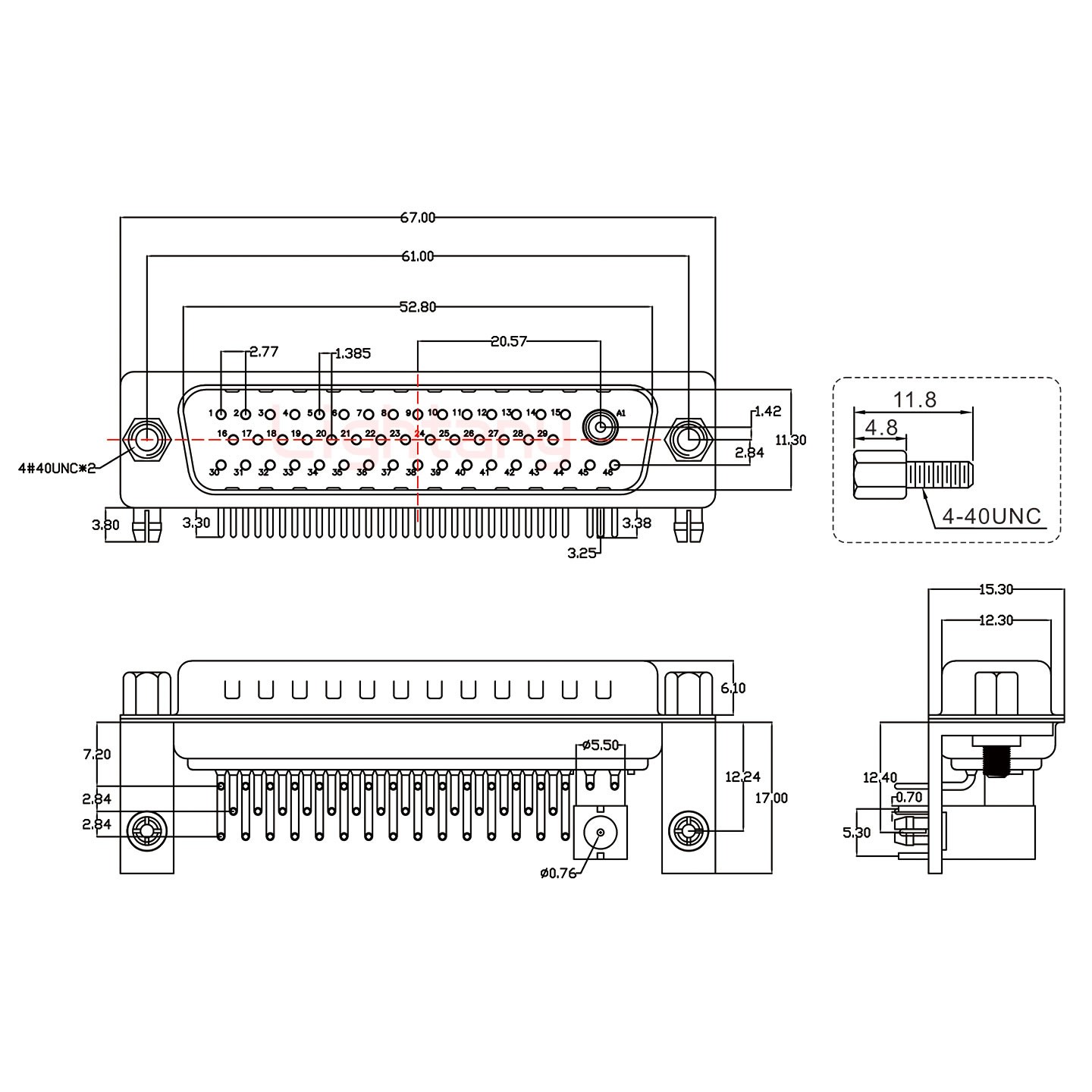 47W1公PCB弯插板/铆支架12.2/射频同轴50欧姆