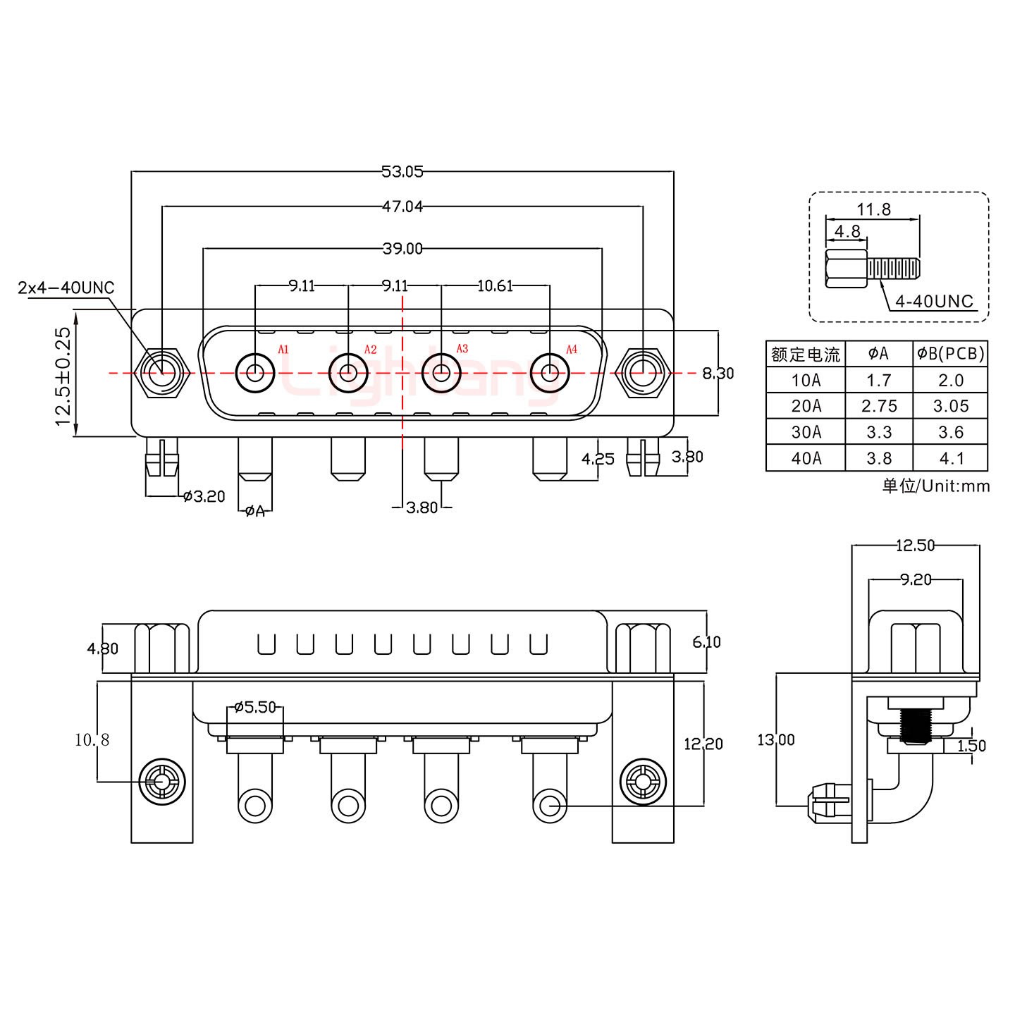 4W4公PCB弯插板/铆支架10.8/大电流30A