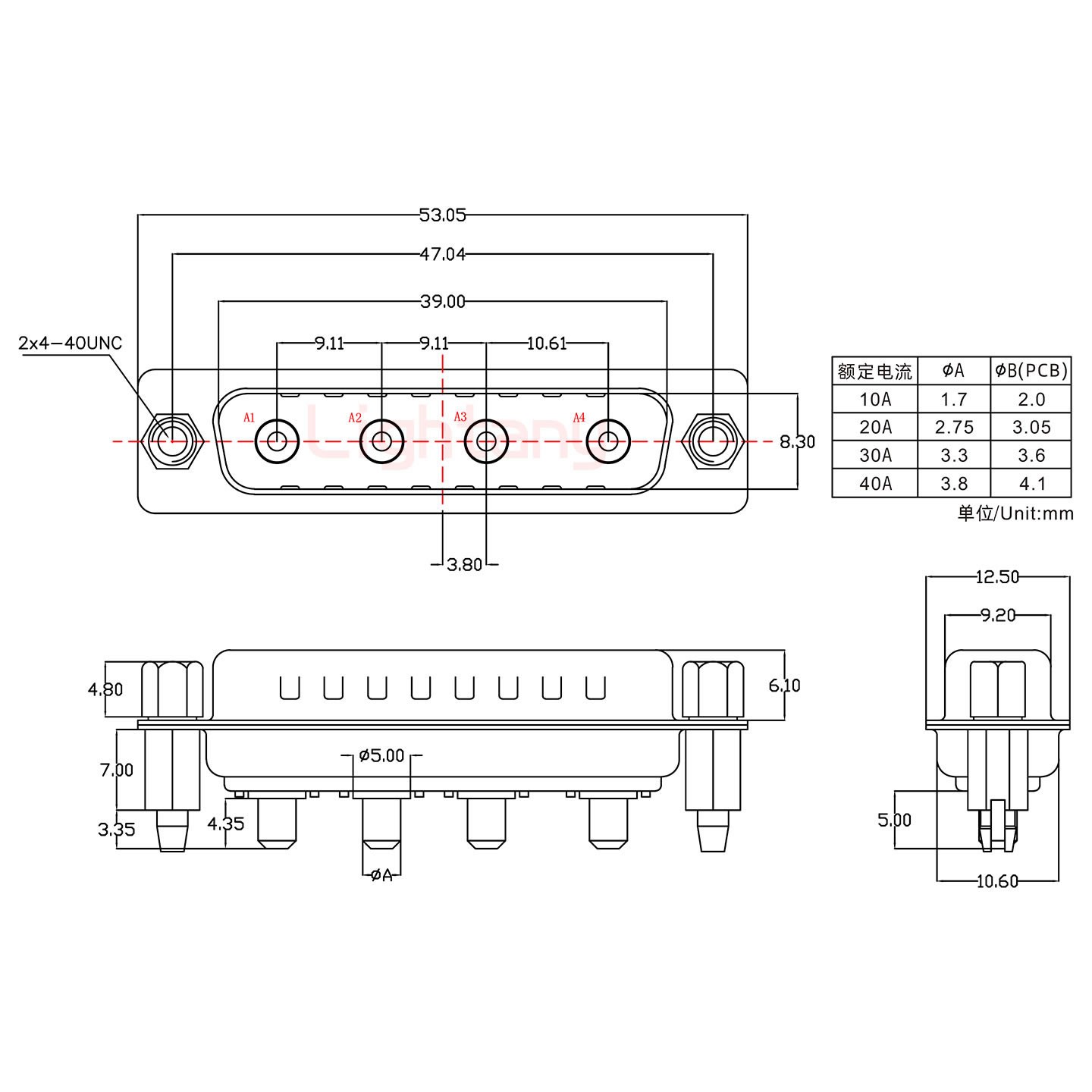 4W4公PCB直插板/铆鱼叉7.0/大电流40A