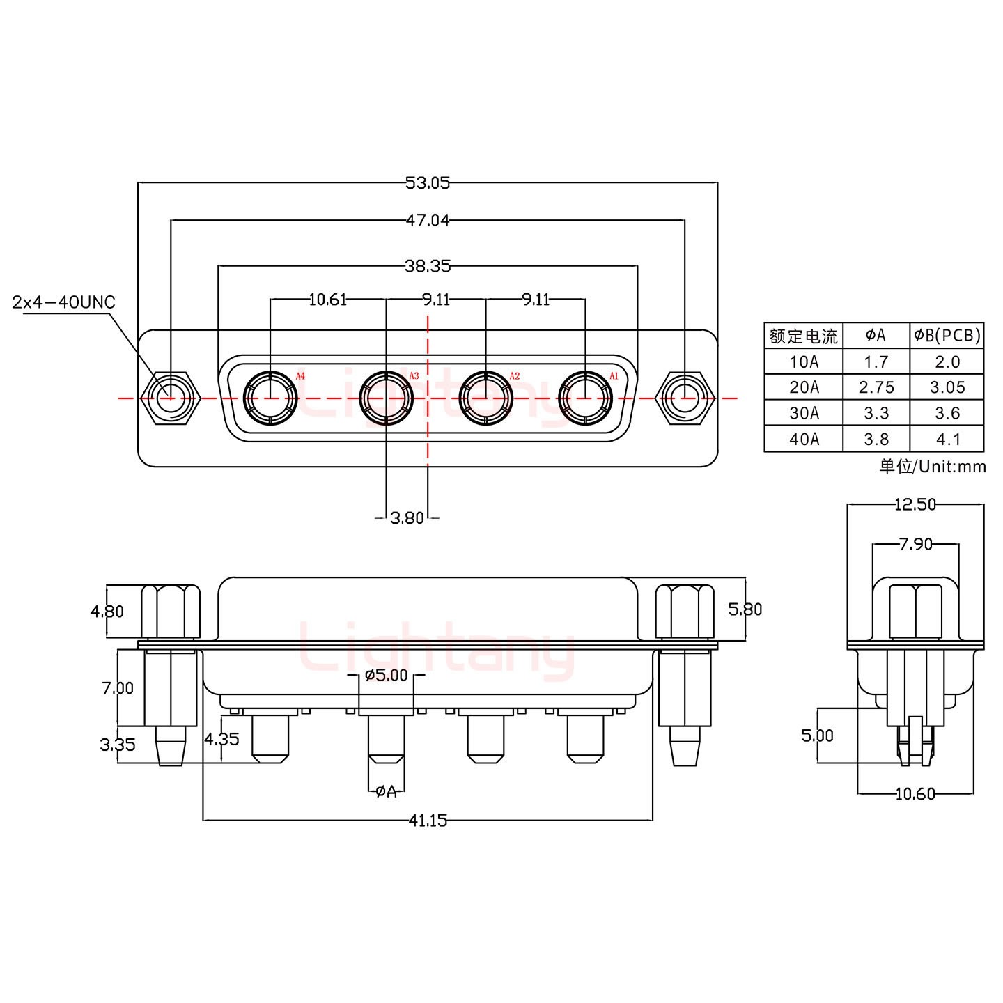 4W4母PCB直插板/铆鱼叉7.0/大电流40A