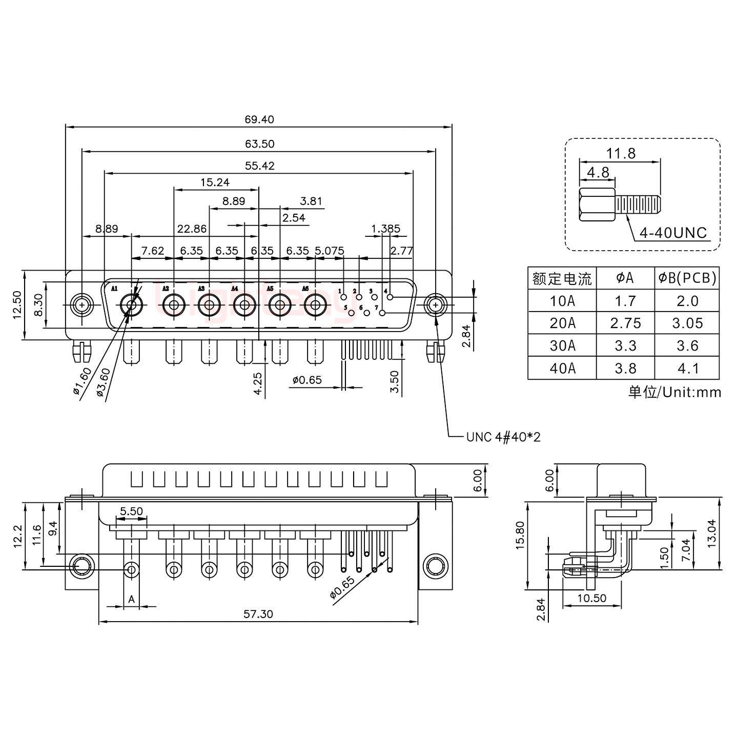 13W6B公PCB弯插板/铆支架11.6/大电流20A