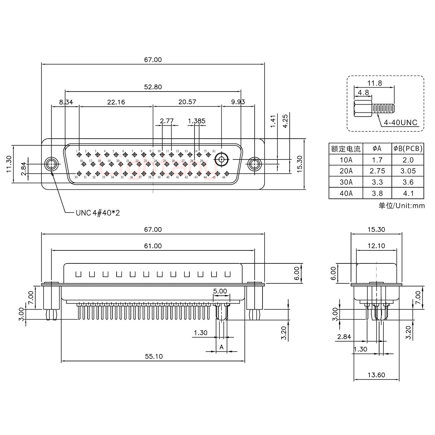 47W1公PCB直插板/铆鱼叉7.0/大电流30A