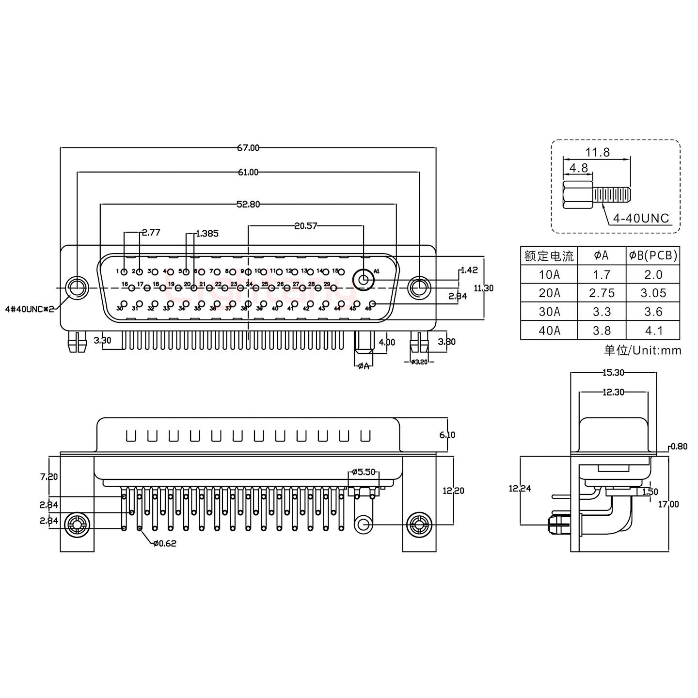 47W1公PCB弯插板/铆支架12.2/大电流20A