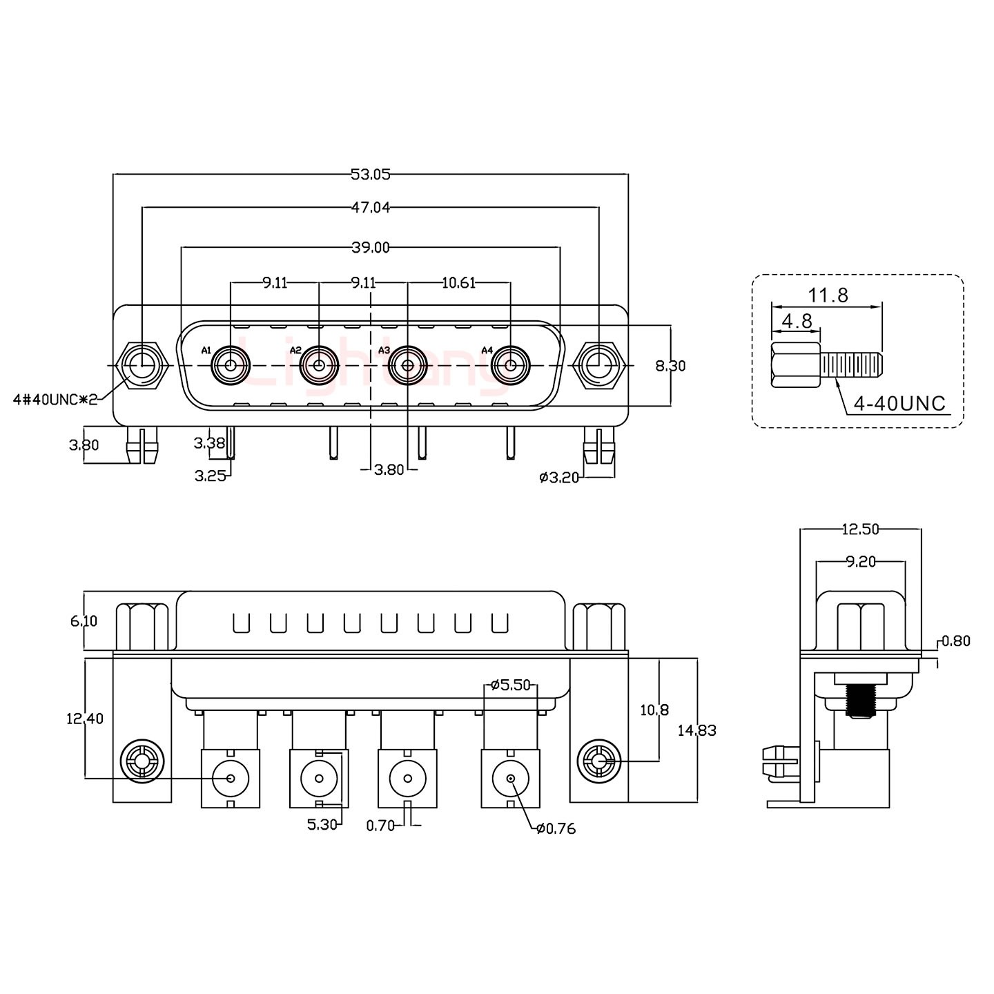 4W4公PCB弯插板/铆支架10.8/射频同轴75欧姆