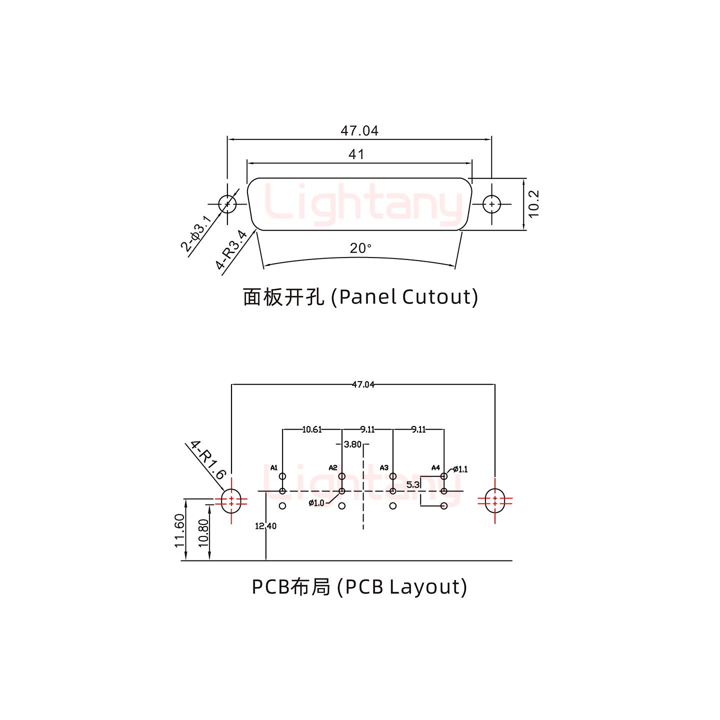 4W4母PCB弯插板/铆支架11.6/射频同轴50欧姆