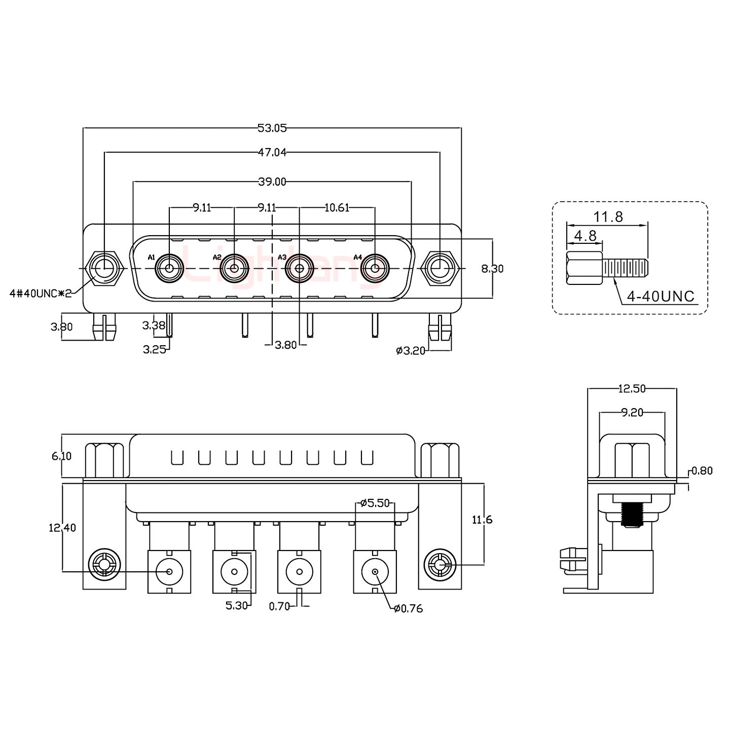 4W4公PCB弯插板/铆支架11.6/射频同轴50欧姆