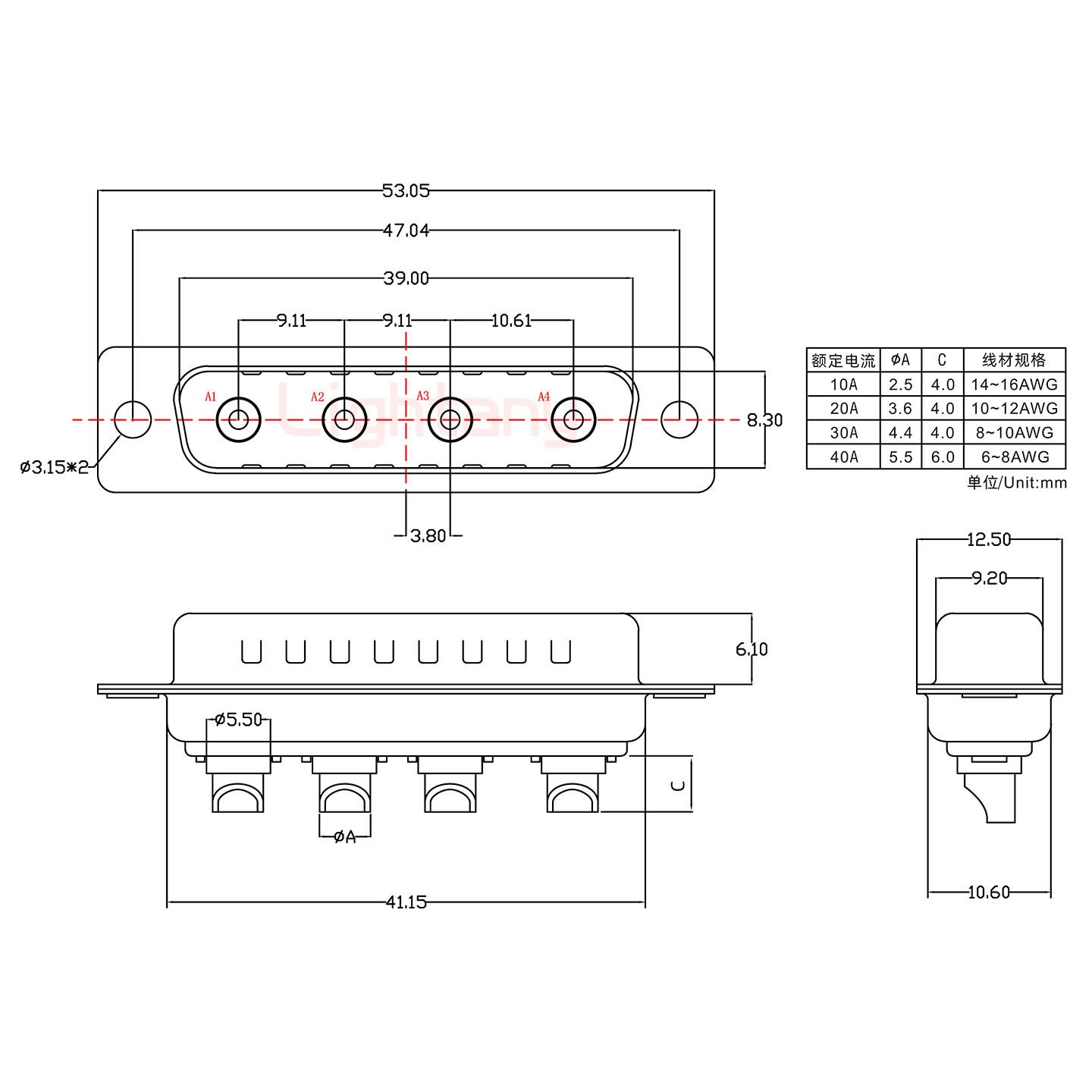 4W4公短体焊线10A+25P金属外壳592斜出线4~12mm