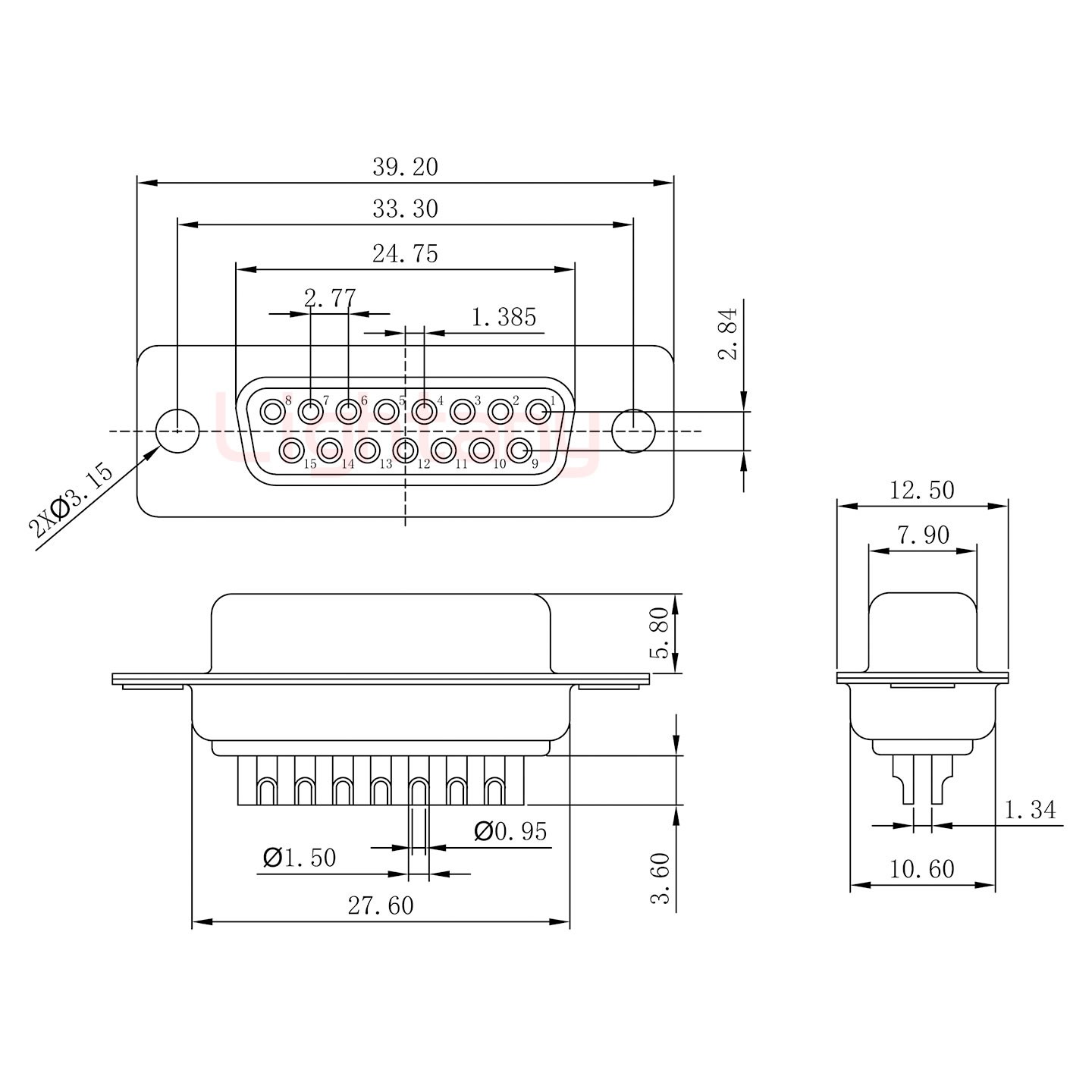 DB15母头焊线+防水直式接头 线径5~11mm