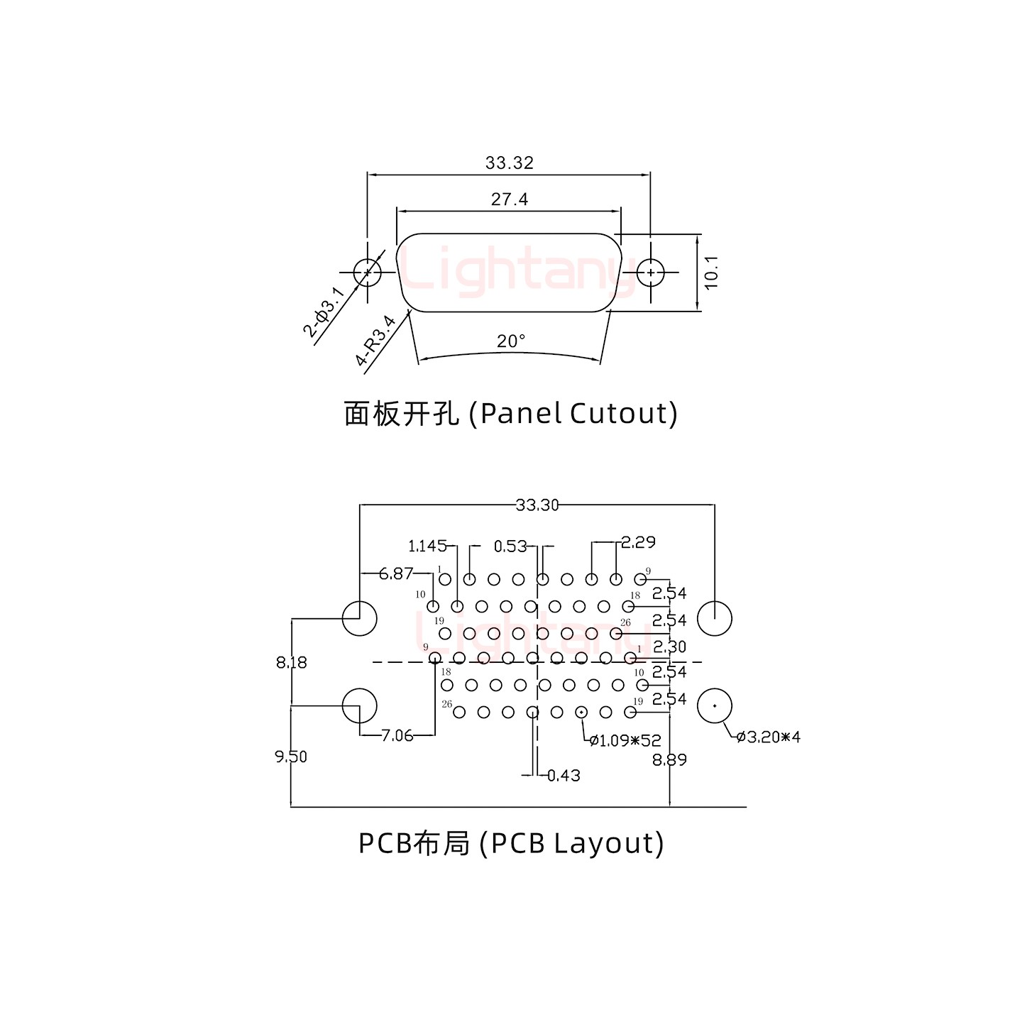 HDR26 上公下母间距19.05车针双胞胎 D-SUB连接器