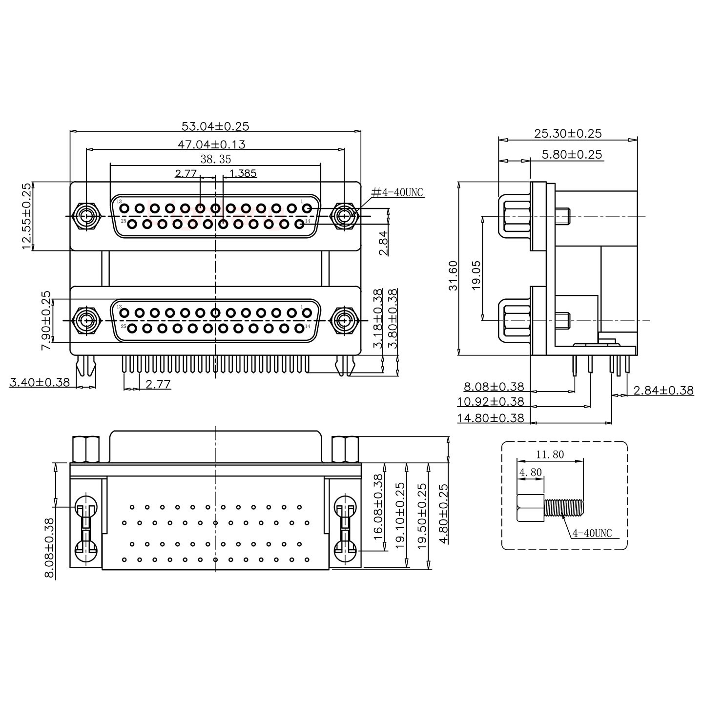 DR25母对母 间距19.05 双胞胎冲针 D-SUB连接器