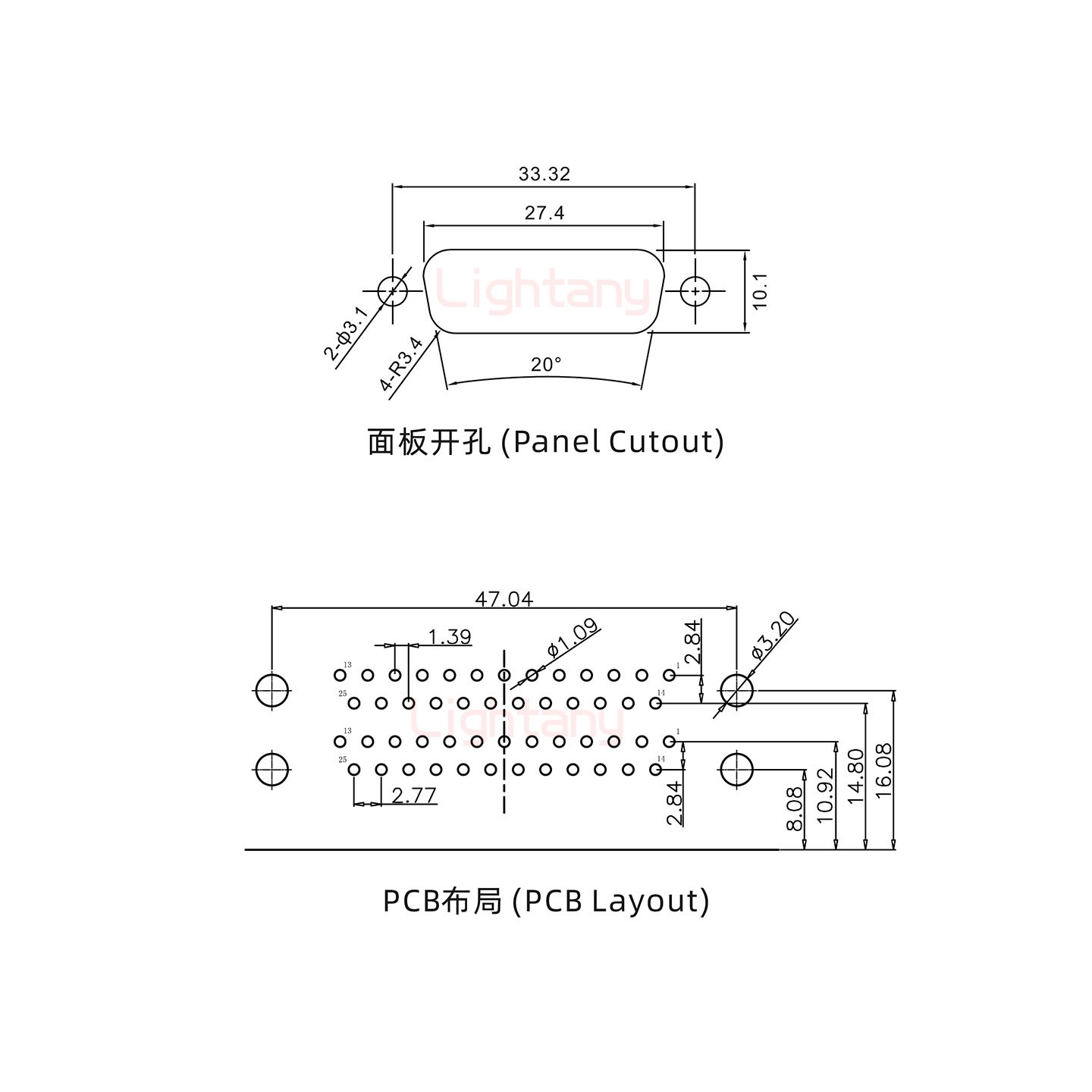 DR25母对母 间距19.05 双胞胎冲针 D-SUB连接器