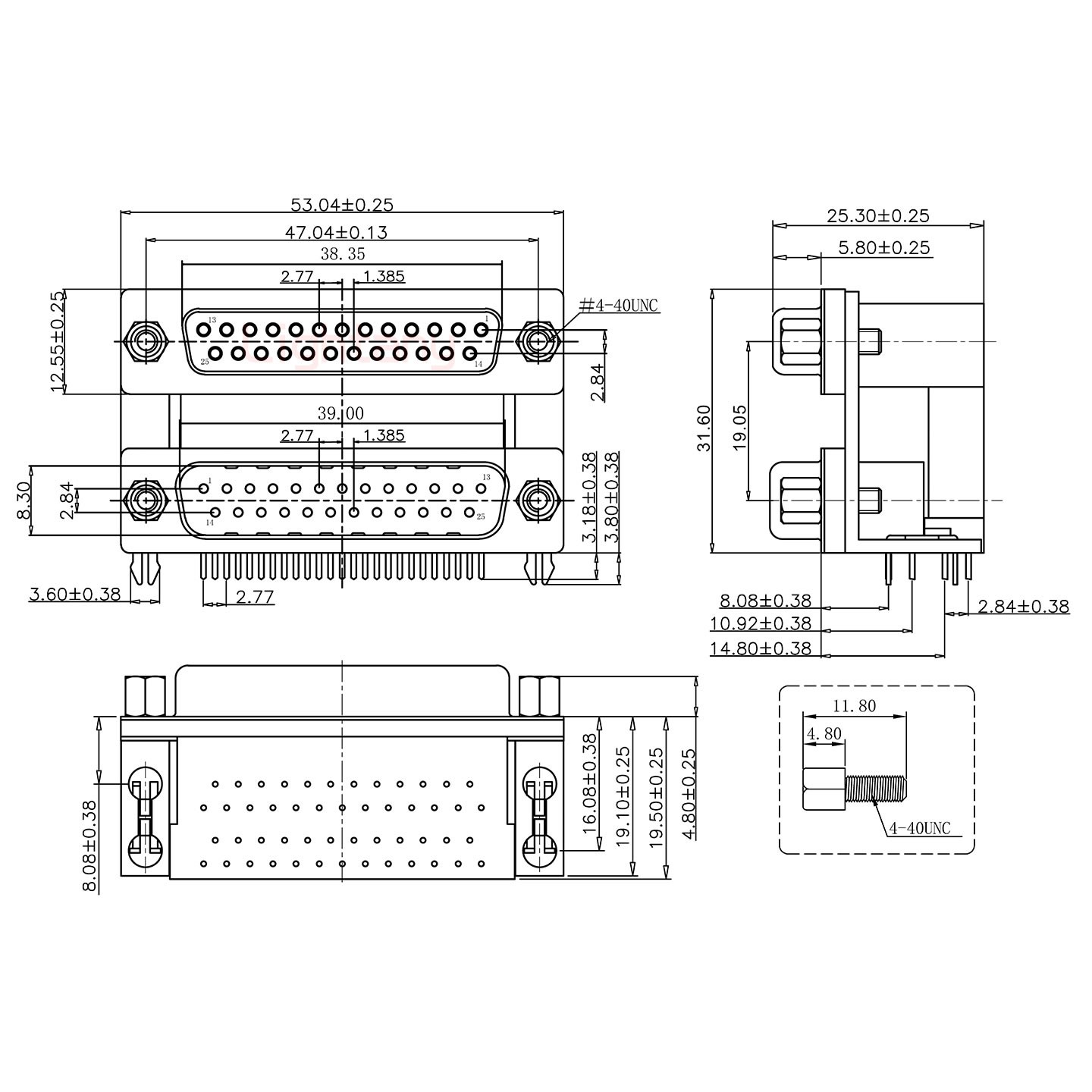 DR25上母下公 间距19.05 双胞胎冲针 D-SUB连接器