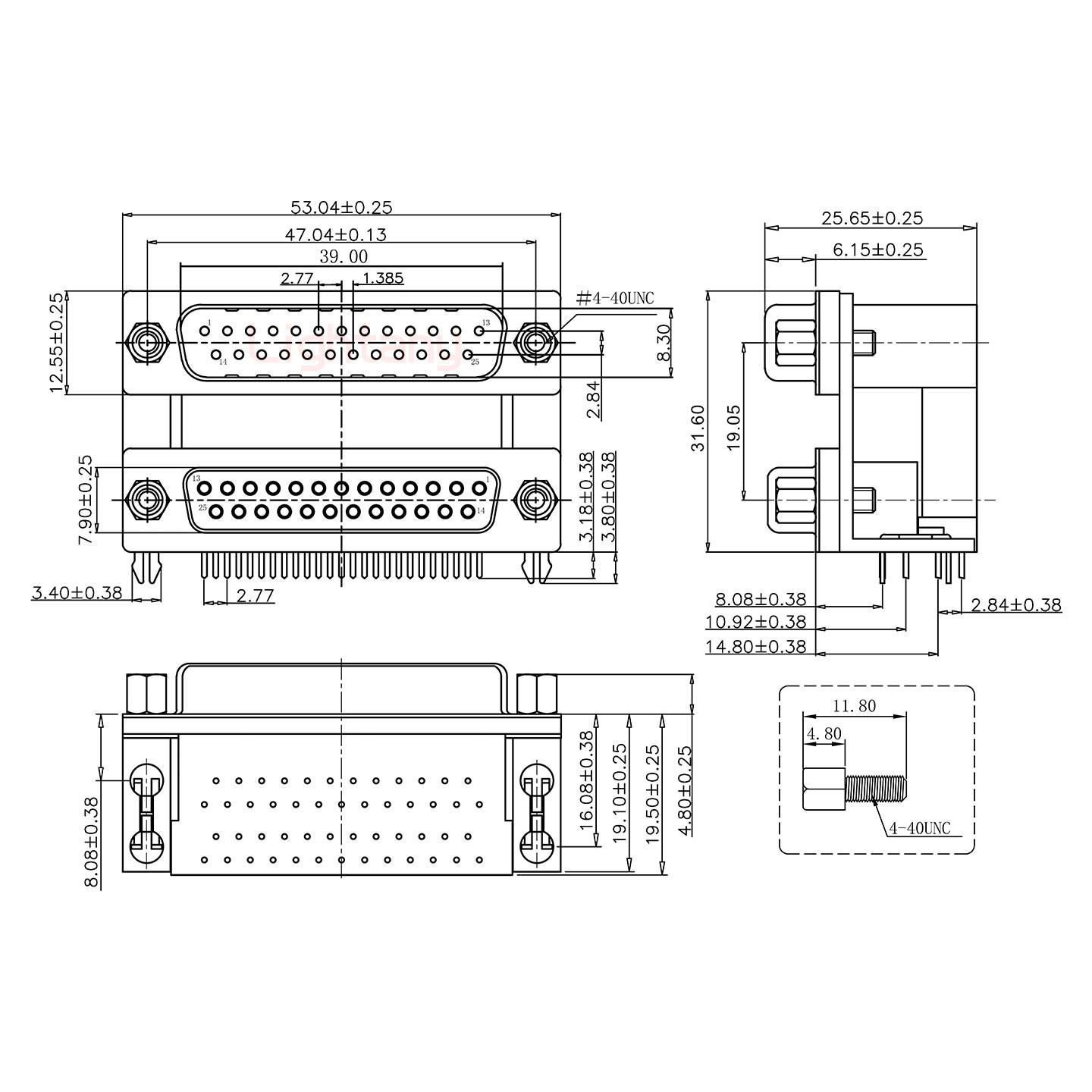 DR25上公下母 间距19.05 双胞胎冲针 D-SUB连接器