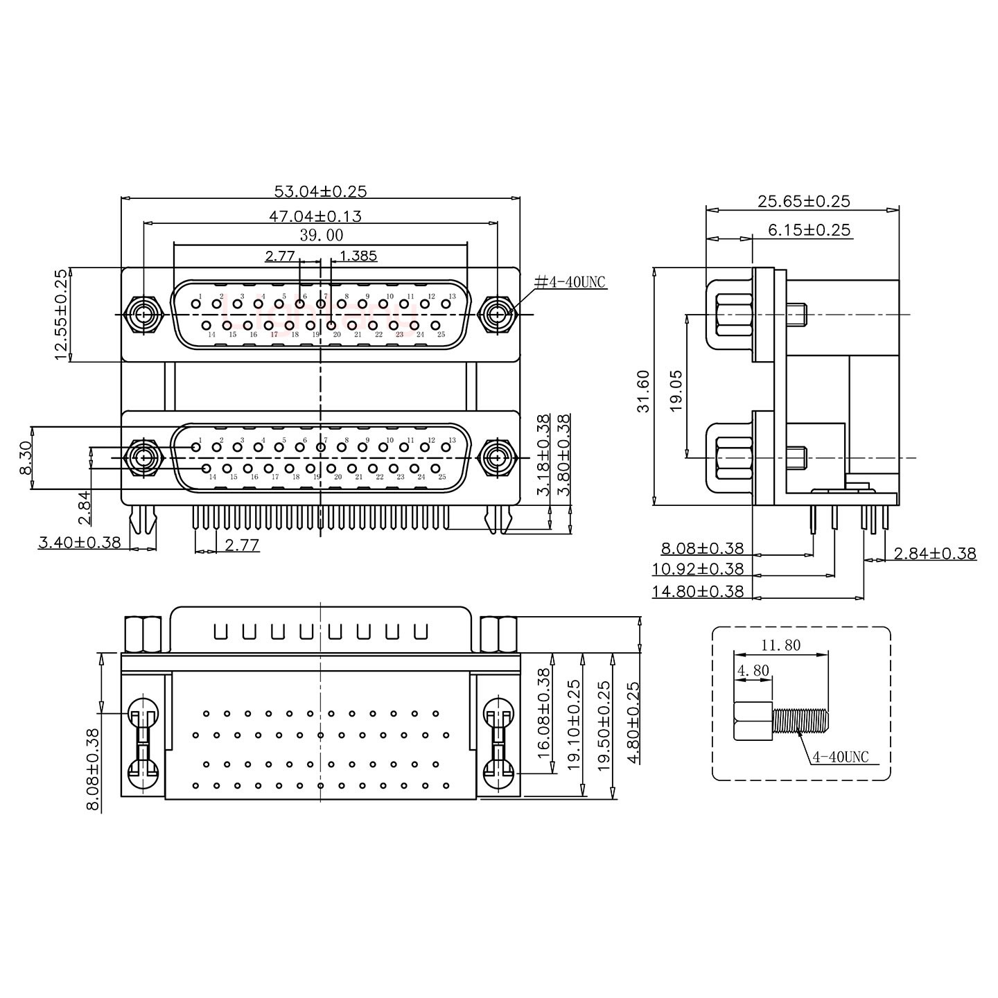 DR25公对公 间距19.05 双胞胎冲针 D-SUB连接器